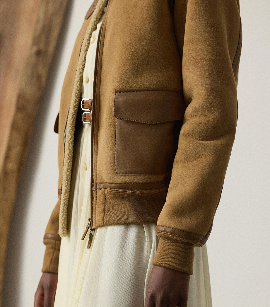 Beige Shearling Bomber Jacket