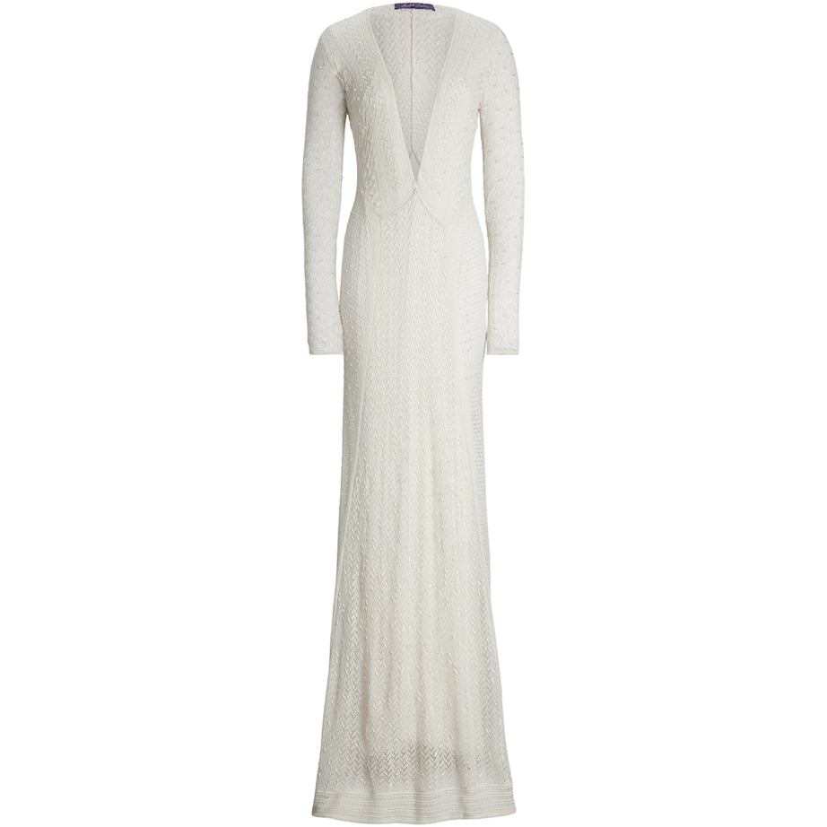 Ralph Lauren Collection White Silk-Cashmere Embellished Dress