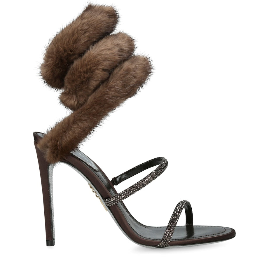 René Caovilla Brown Fur-Trim Cleo Sandals 105