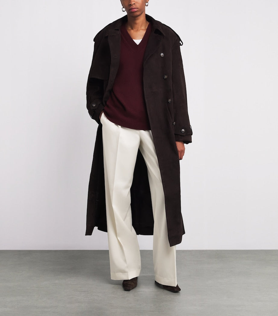 Ivory Wool-Blend Wide-Leg Trousers