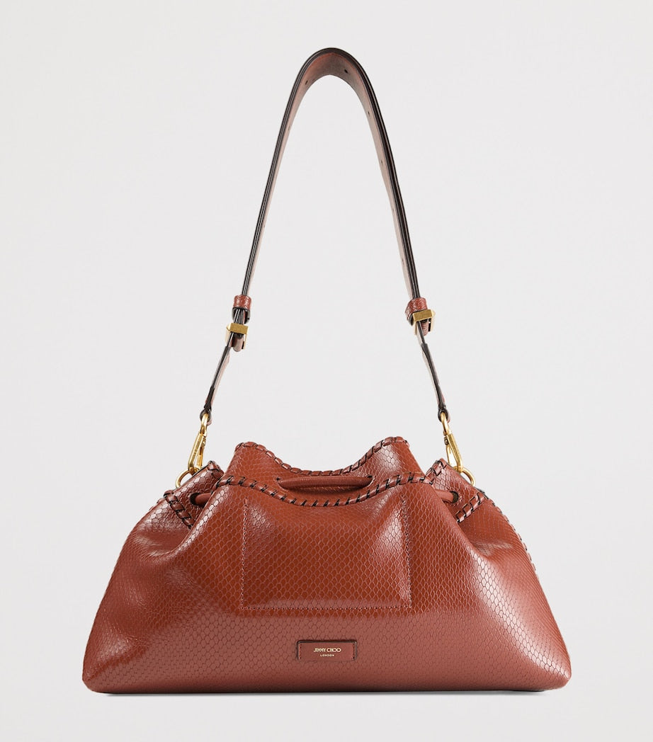 Brown Medium Snake-Print Cinch Bag