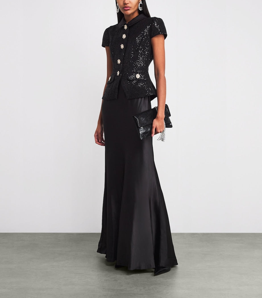 Self-Portrait Black Satin Sequin-Embellished Maxi Dress
