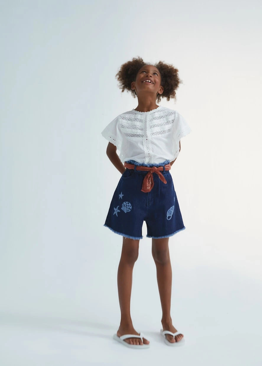 The New Society - Lagoon embroidered denim shorts