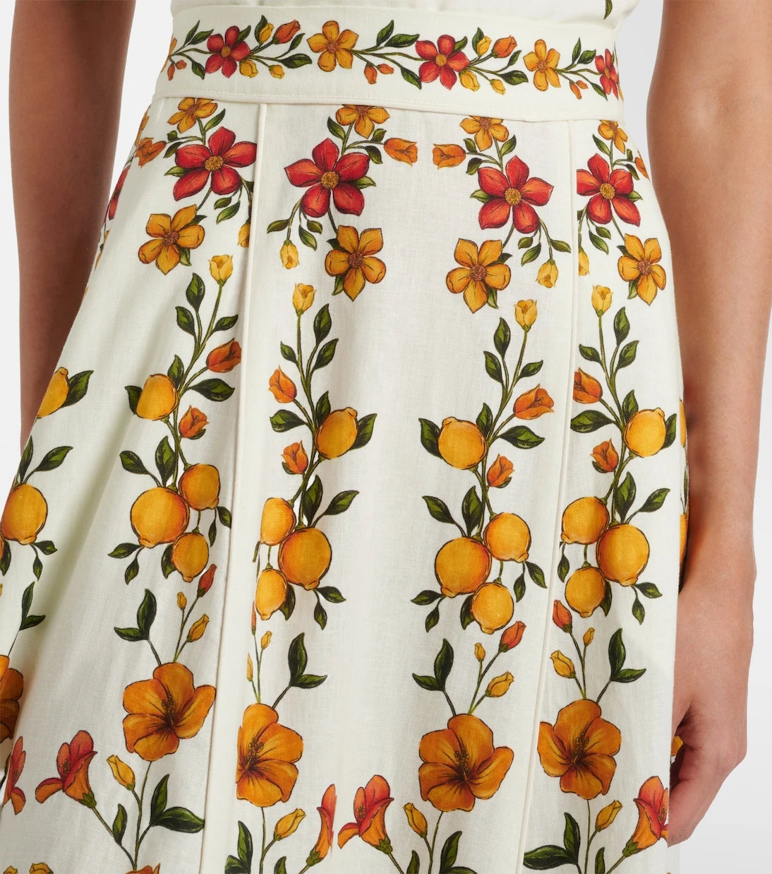 Farm Rio - Lemon Bouquet linen-blend midi skirt