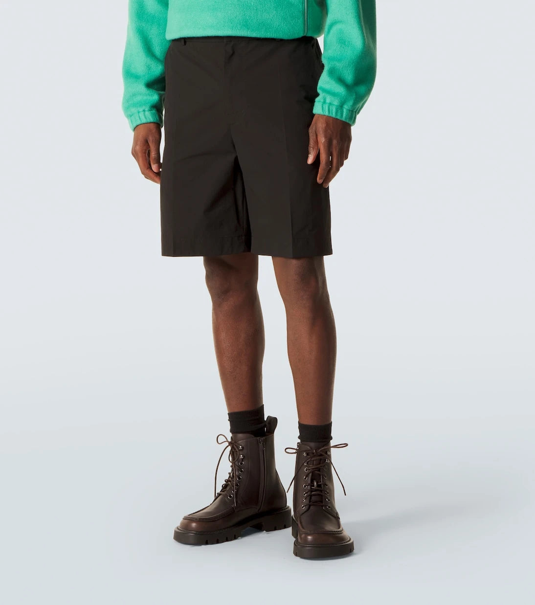 Moncler - Leather-trimmed seersucker shorts