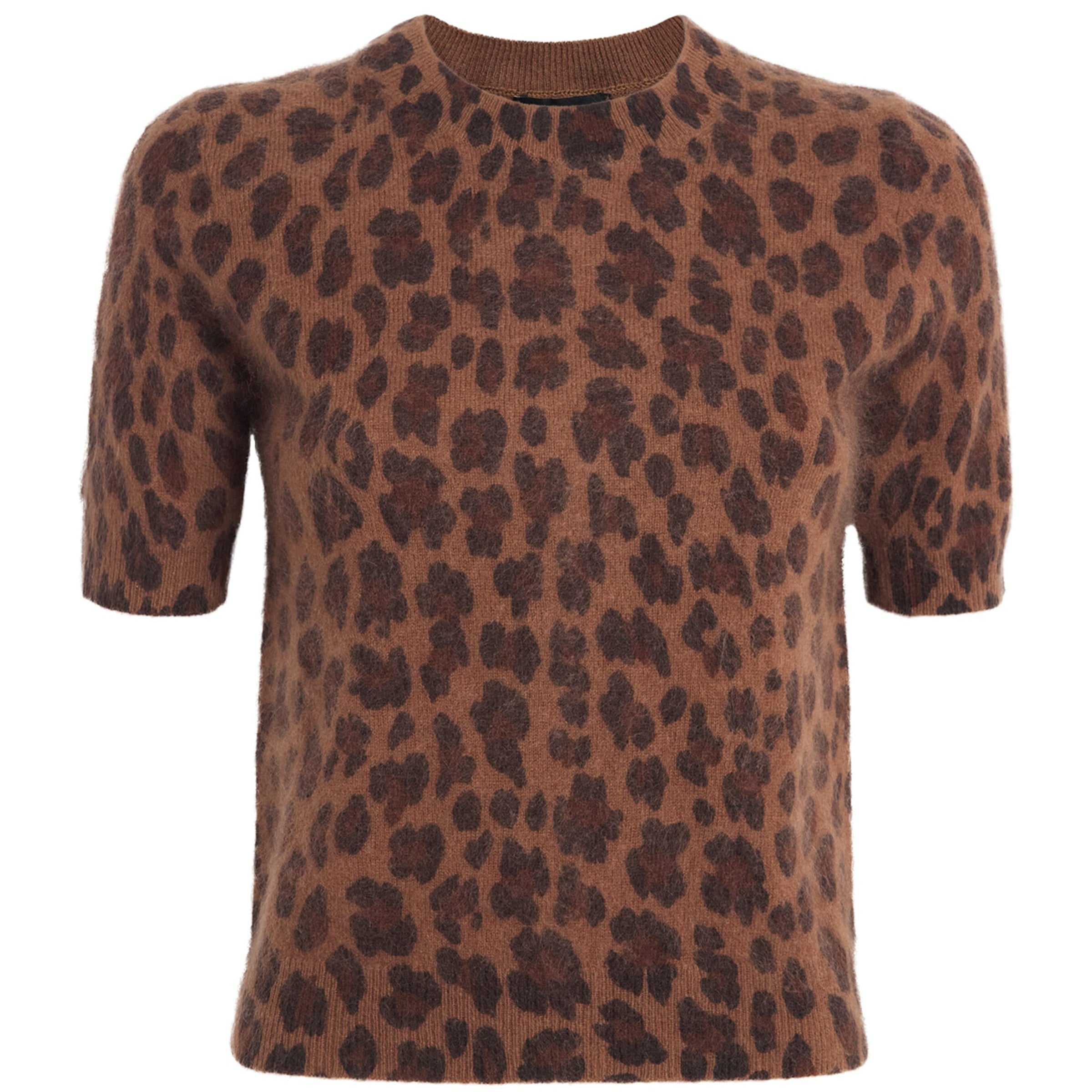 ME+EM Brown Merino Wool-Cashmere Leopard Print T-Shirt