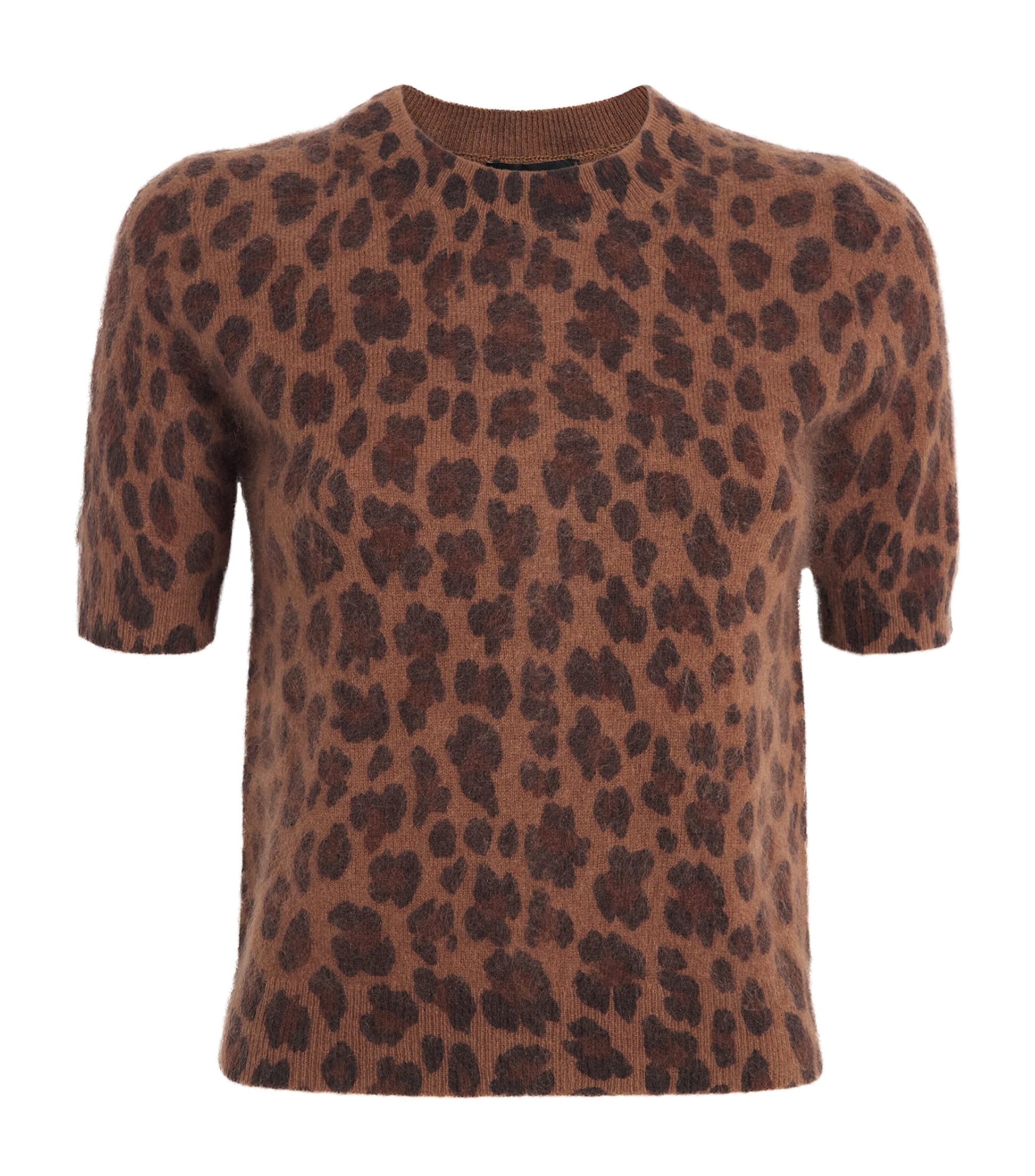 ME+EM Brown Merino Wool-Cashmere Leopard Print T-Shirt