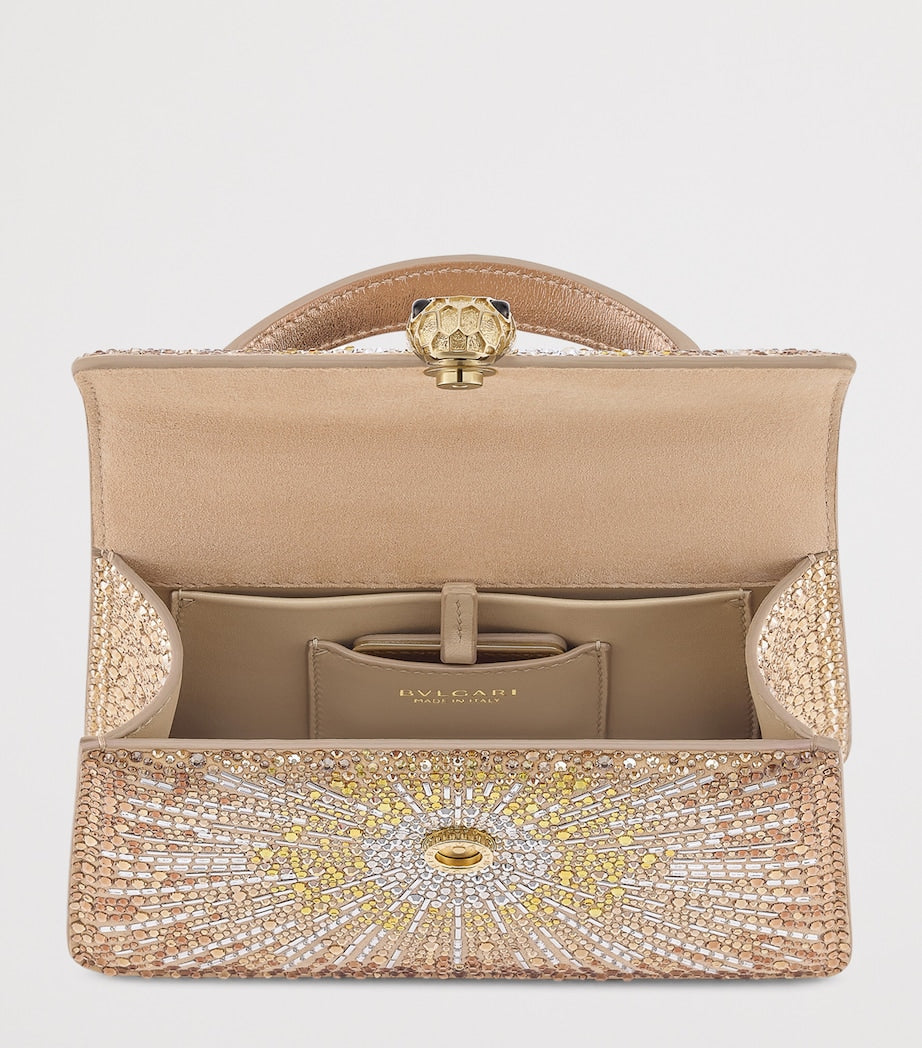 Gold Mini Crystal-Embellished Suede Serpenti Forever Top-Handle Bag