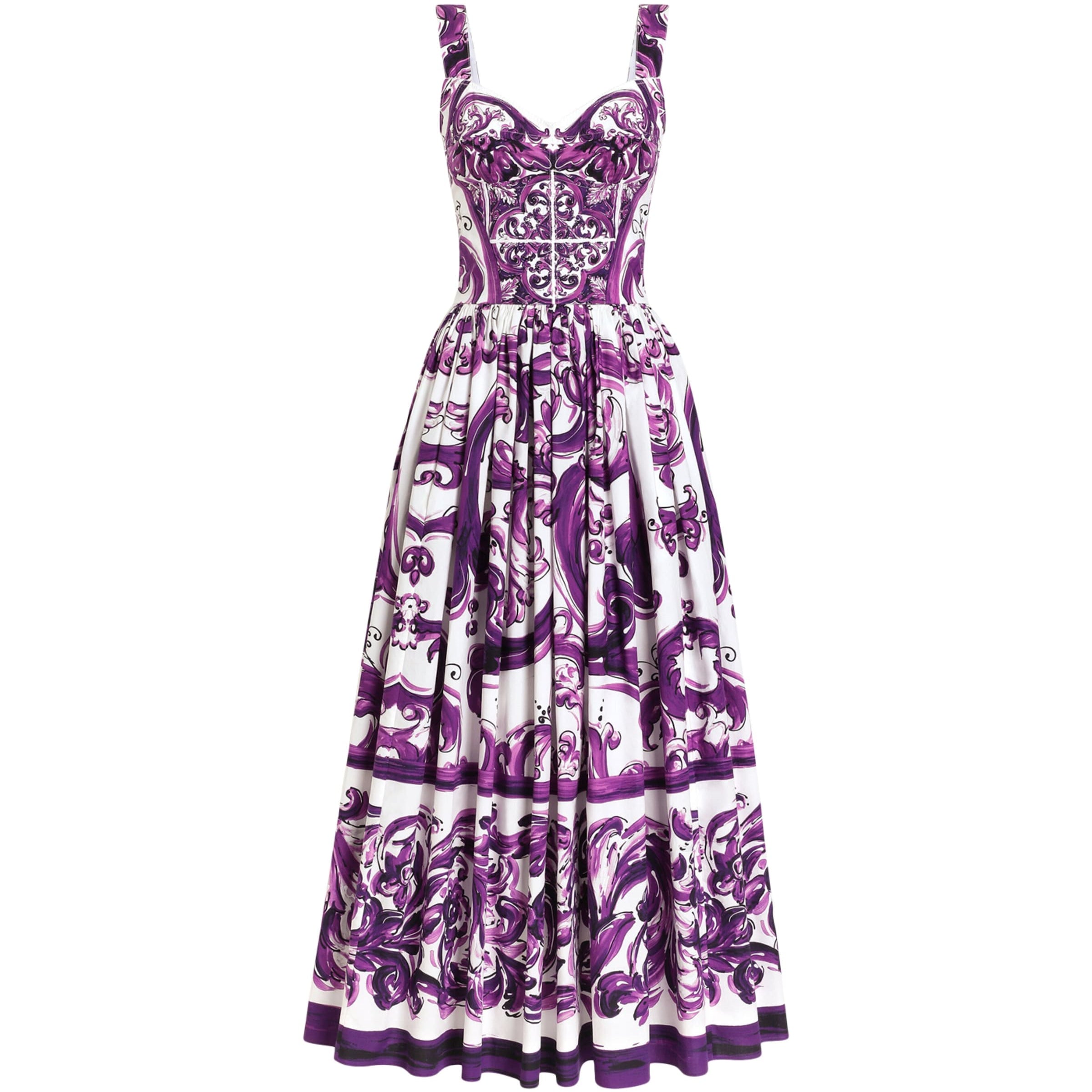 Dolce & Gabbana Multi Cotton Majolica Print Pleated Maxi Dress