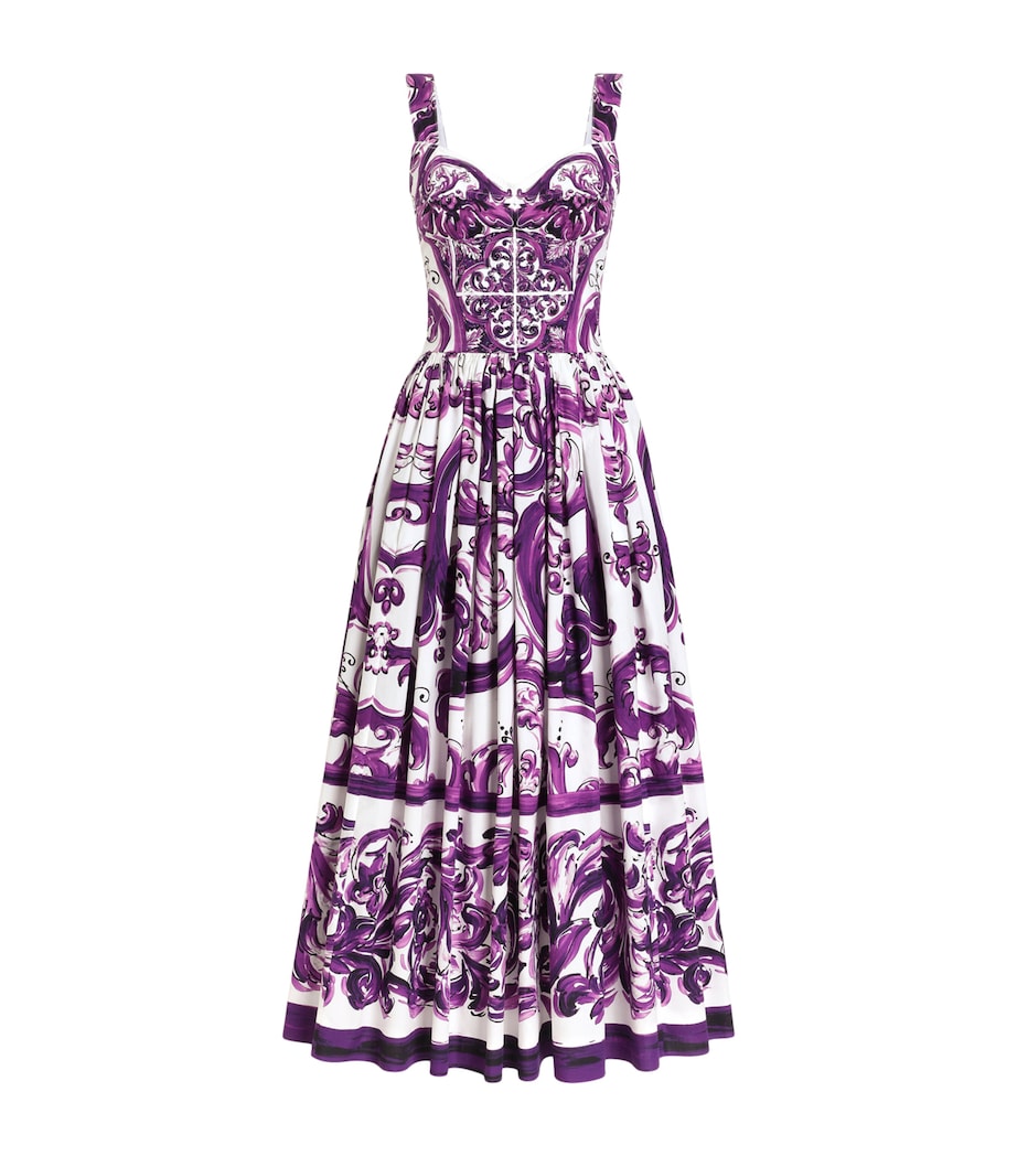 Dolce & Gabbana Multi Cotton Majolica Print Pleated Maxi Dress