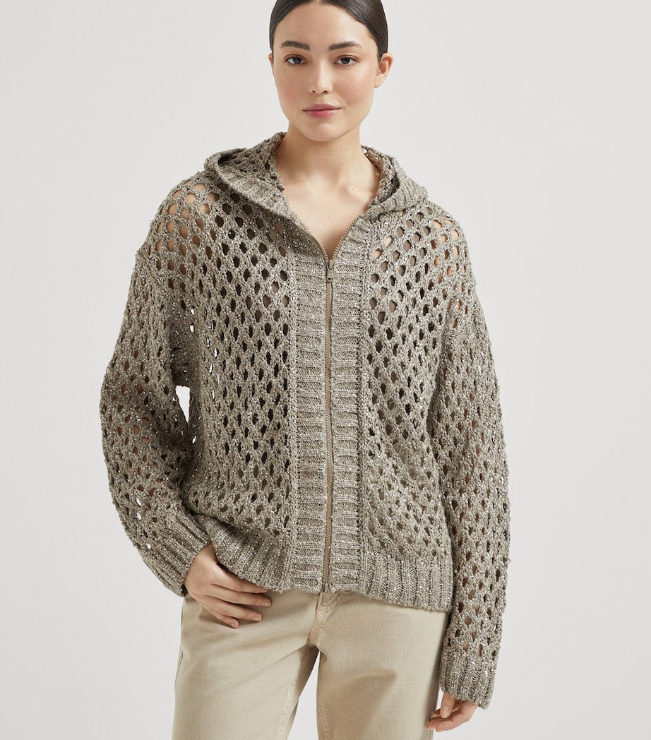 Brunello Cucinelli Brown Dazzling Netted Hooded Cardigan