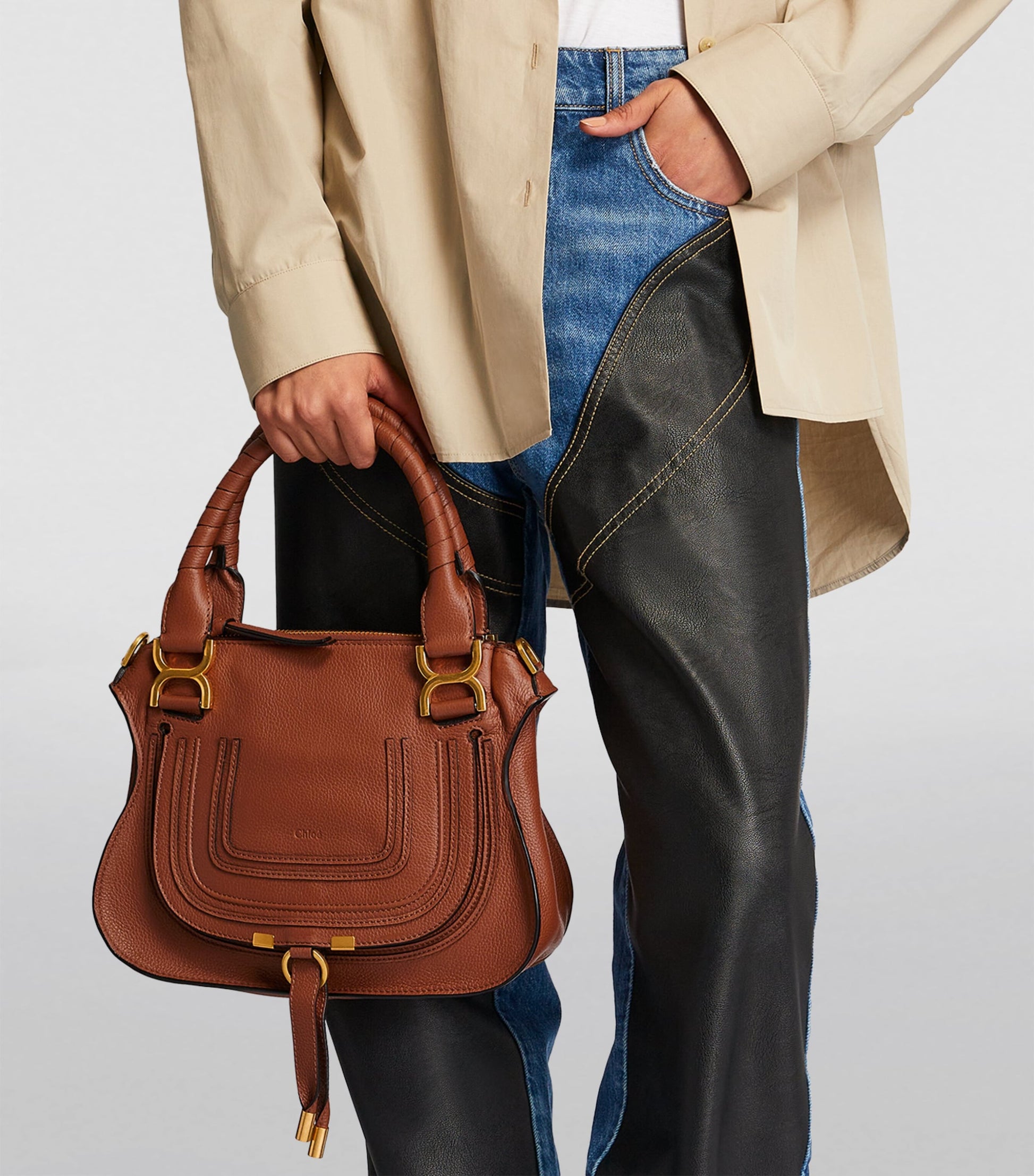 Brown Small Leather Marcie Top-Handle Bag