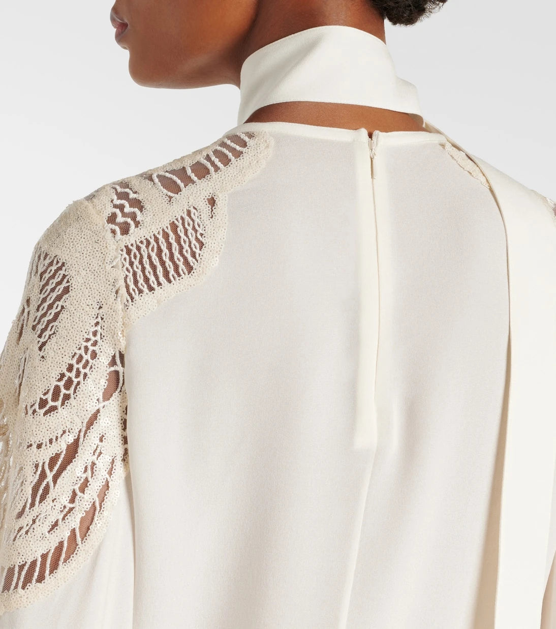 Elie Saab - Lace-trimmed tie-neck georgette blouse