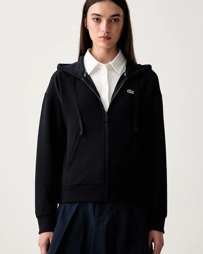 Lacoste fermuarlı kapüşonlu kadın pamuklu sweatshirt