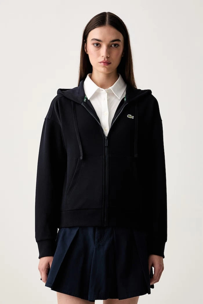 Lacoste fermuarlı kapüşonlu kadın pamuklu sweatshirt