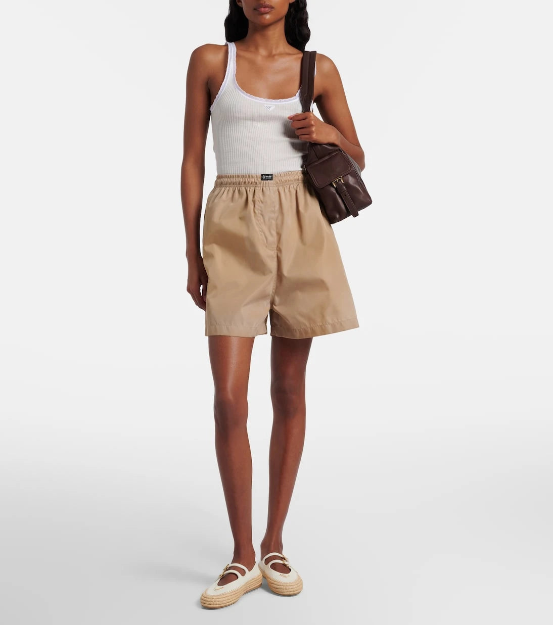 Prada - Leather and raffia Mary Jane flats