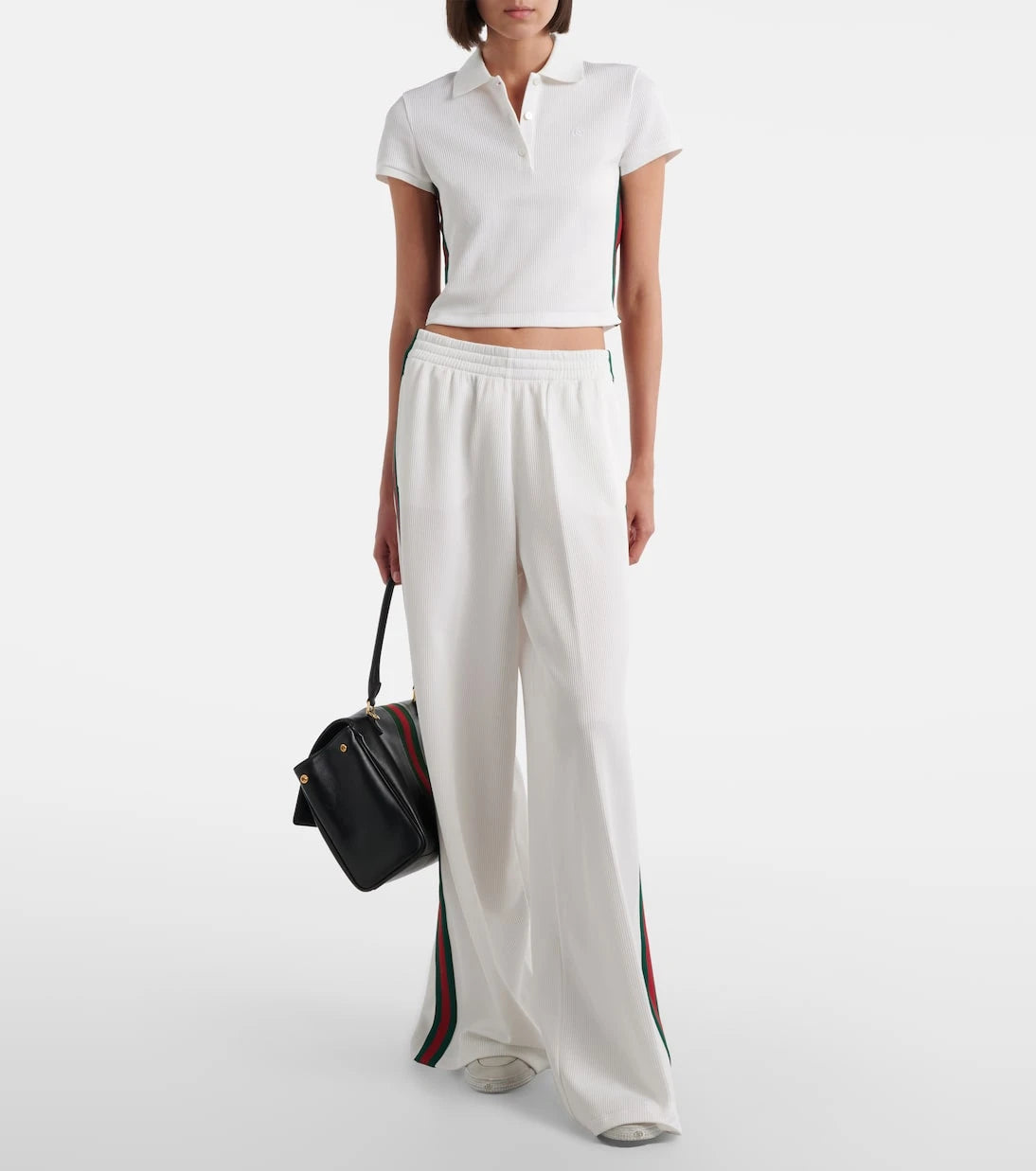 Gucci - Web Stripe ribbed-knit cropped polo shirt