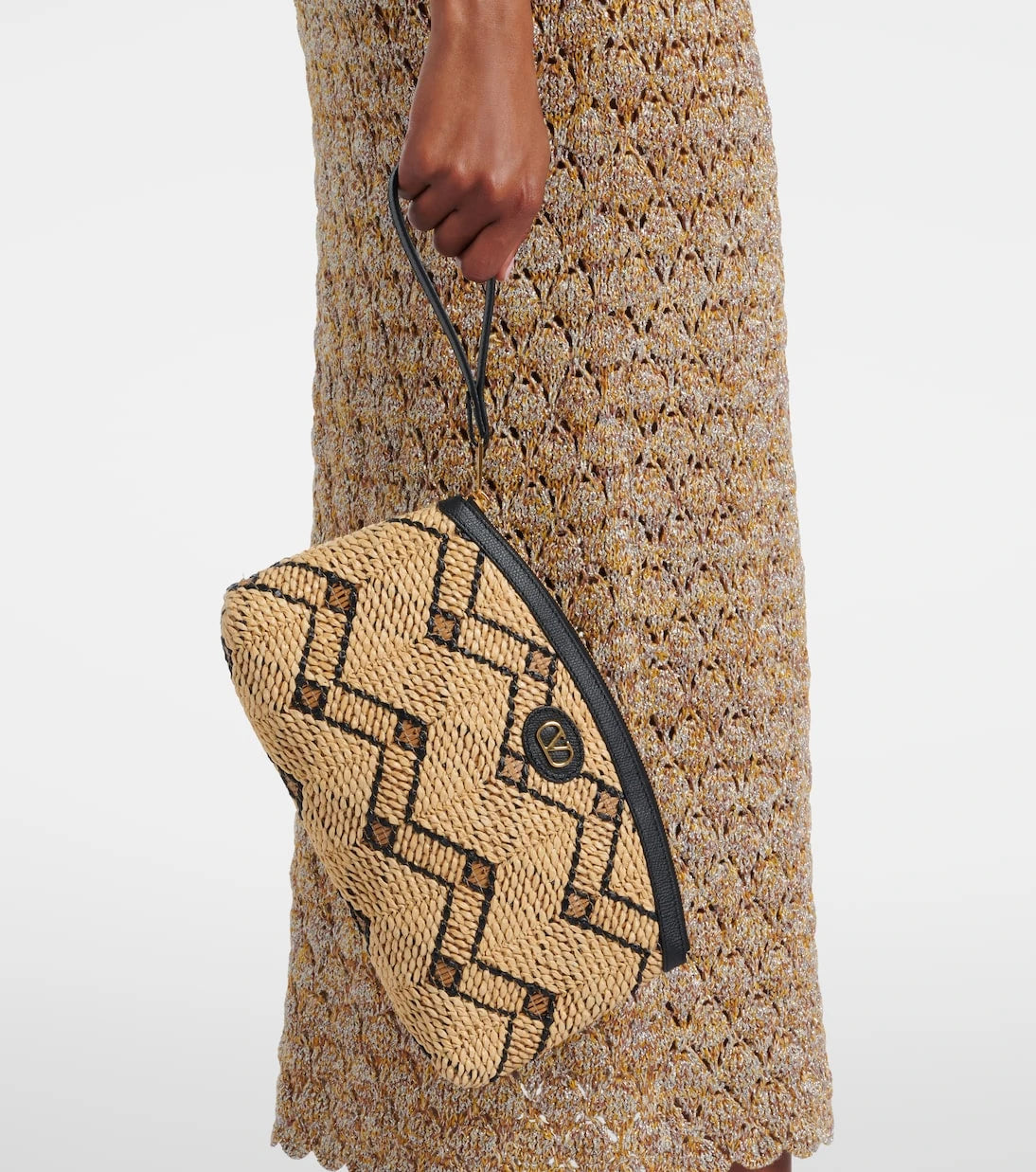 Valentino Garavani - VLogo Small leather-trimmed raffia pouch