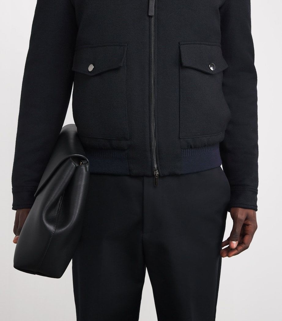 Canali Black Wool-Blend Shearling-Collar Bomber Jacket