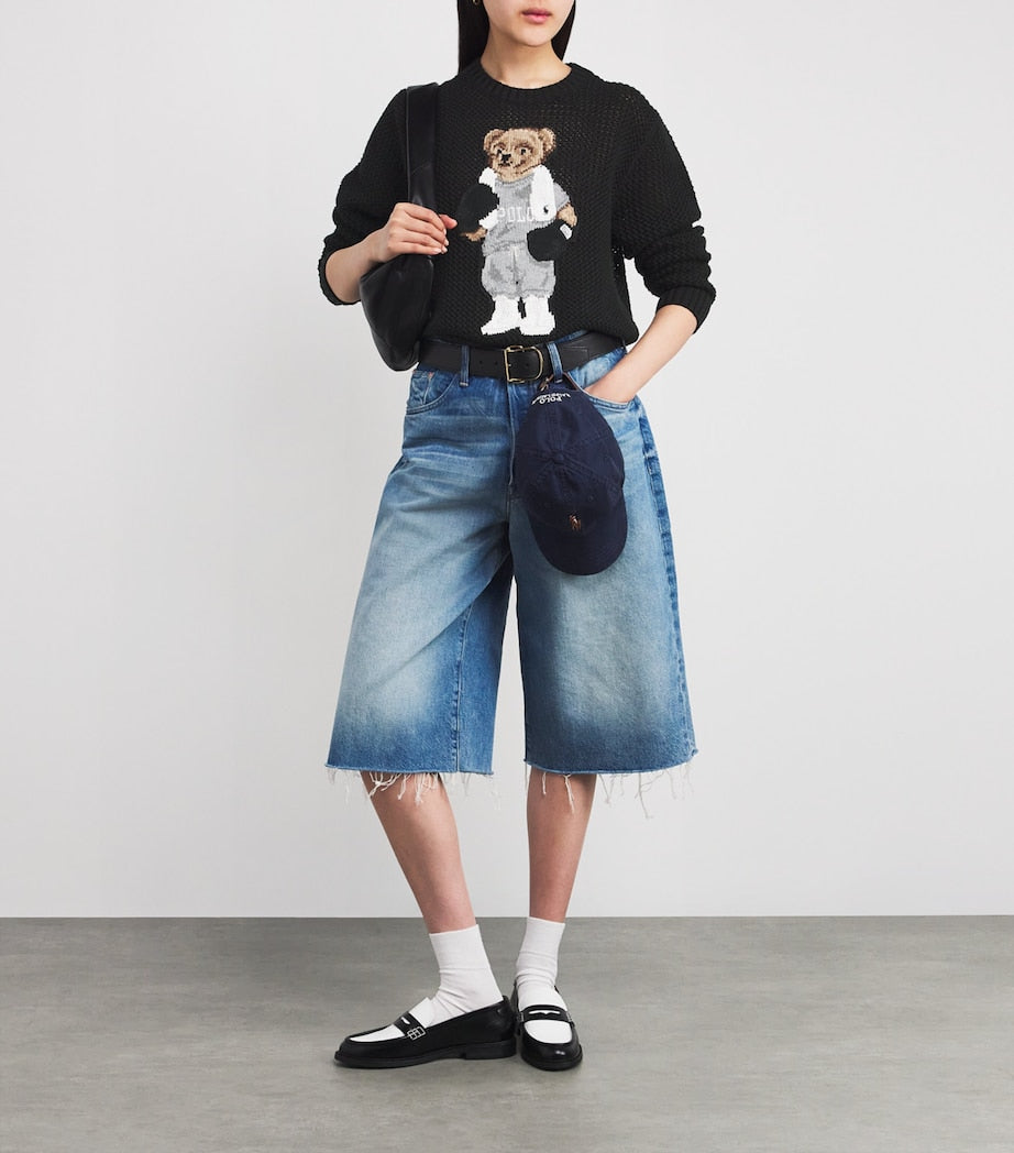 Polo Ralph Lauren Black Cotton Open Knit Polo Bear Sweater