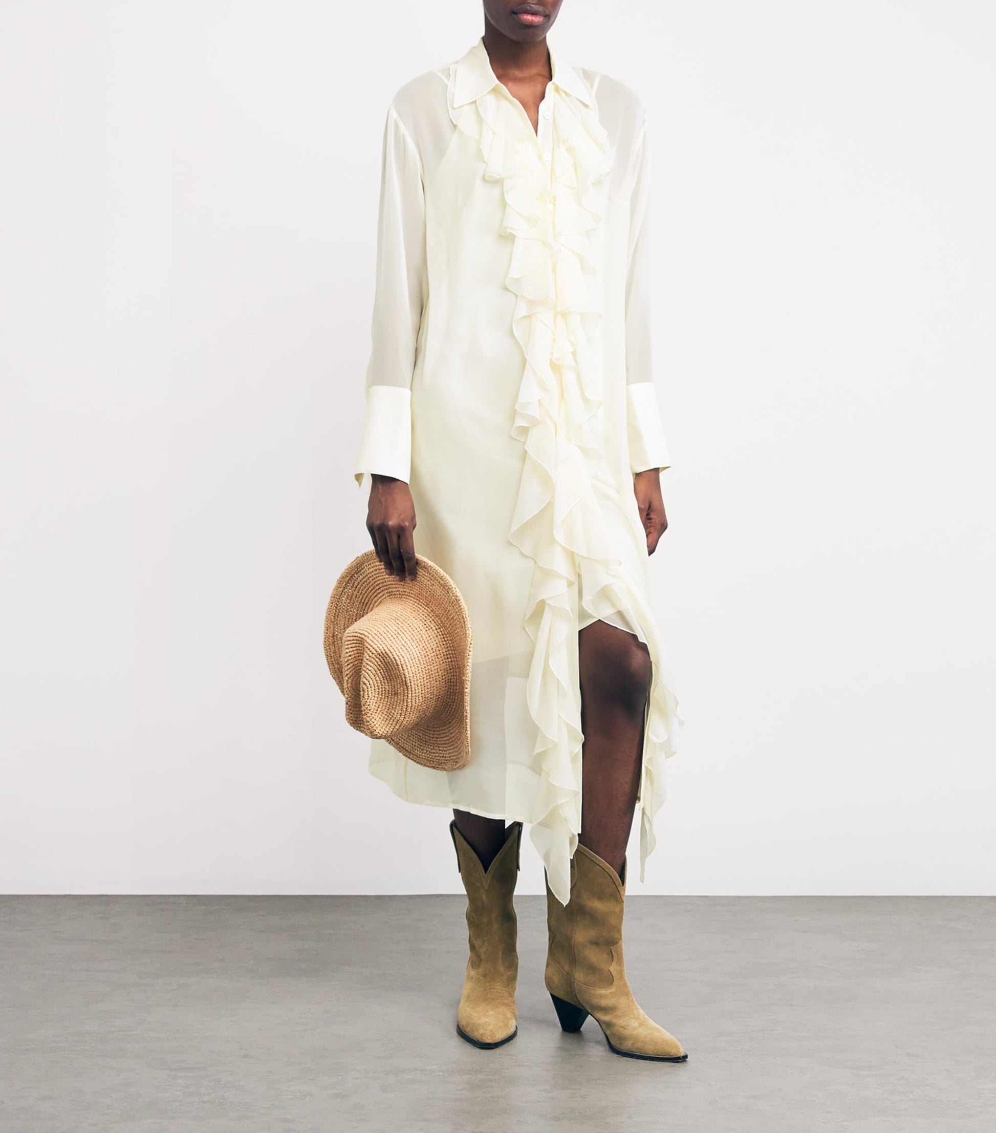 White Silk Ruffle Midi Dress