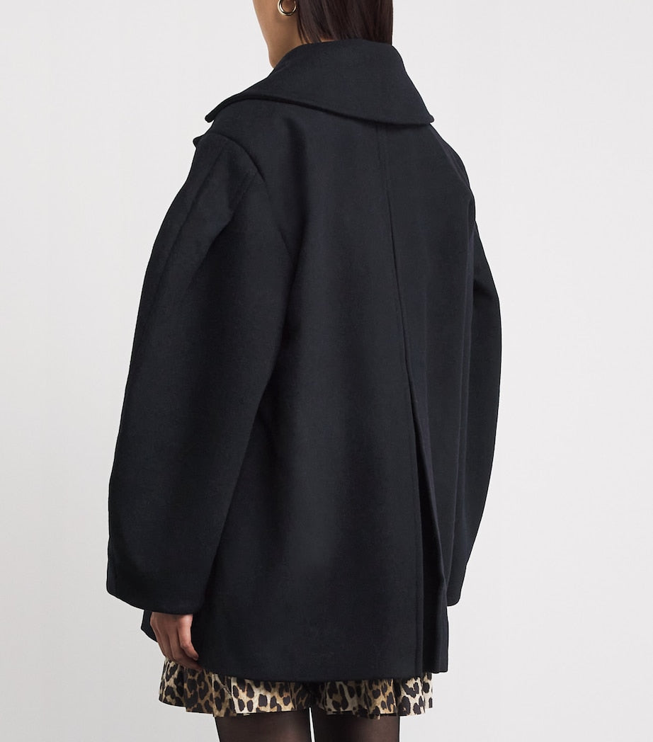 GANNI Black Recycled Wool-Blend Midi Pea Coat