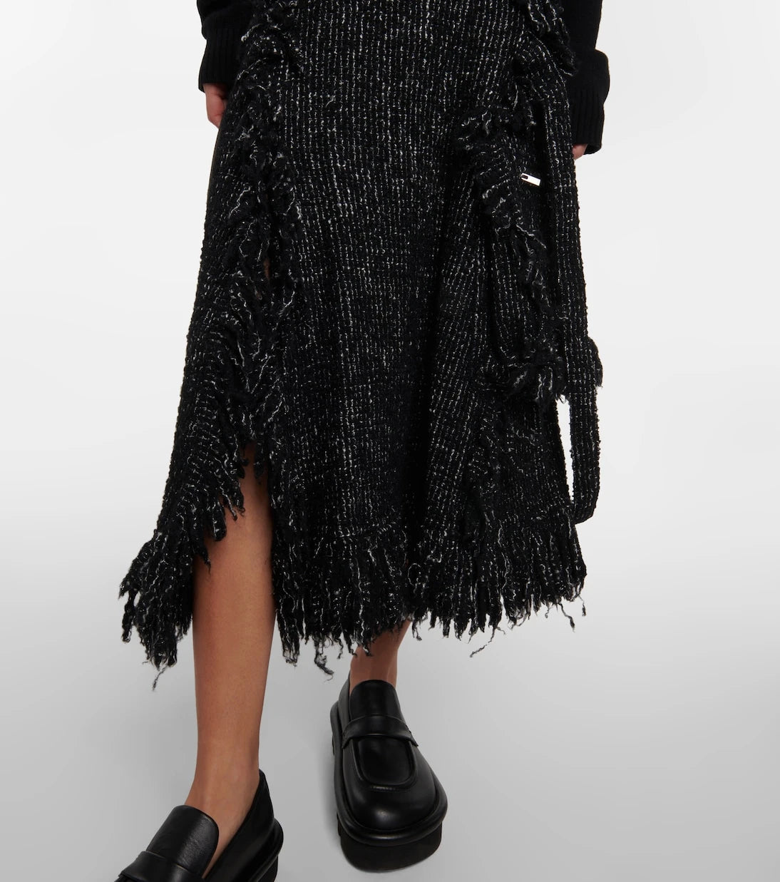 Sacai - Fringed flared tweed midi skirt