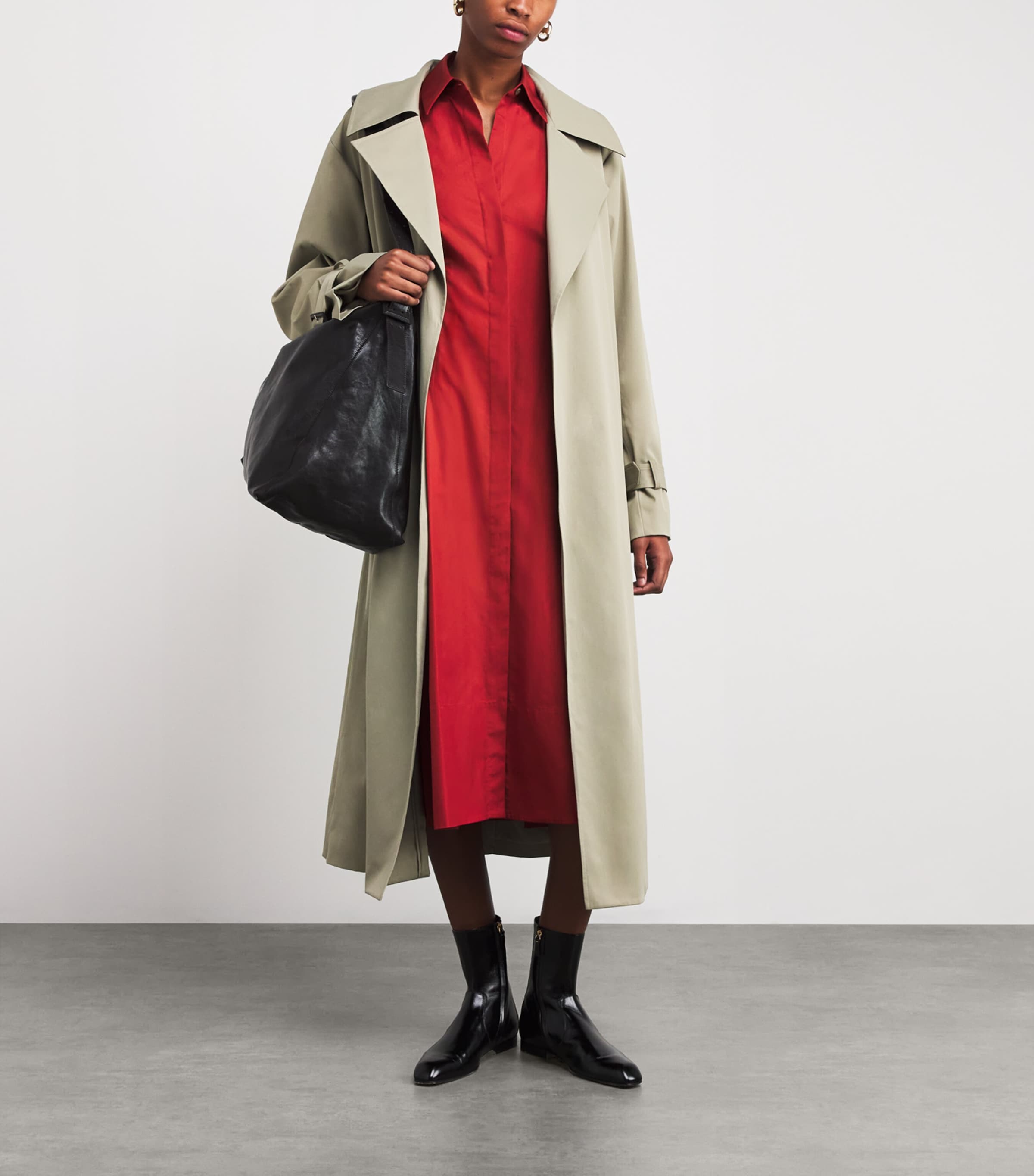 Red Cotton Shirt Midi Dress