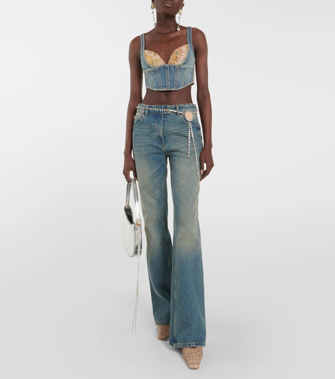 Alessandra Rich - Floral cropped denim bustier top