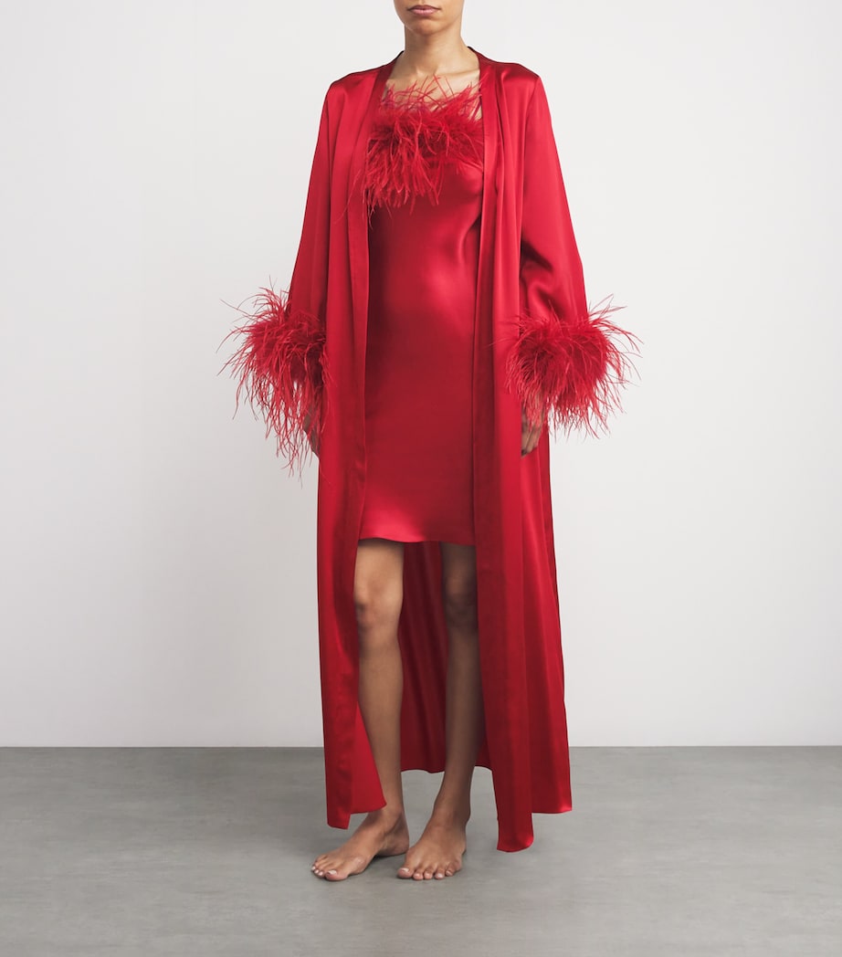 Gilda & Pearl Red Silk-Ostrich Feather Long Robe