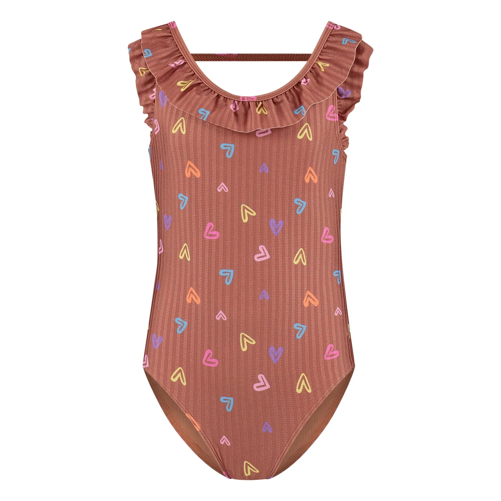 Beachlife - Ruffled Swimsuit with Striped Hearts | Brown