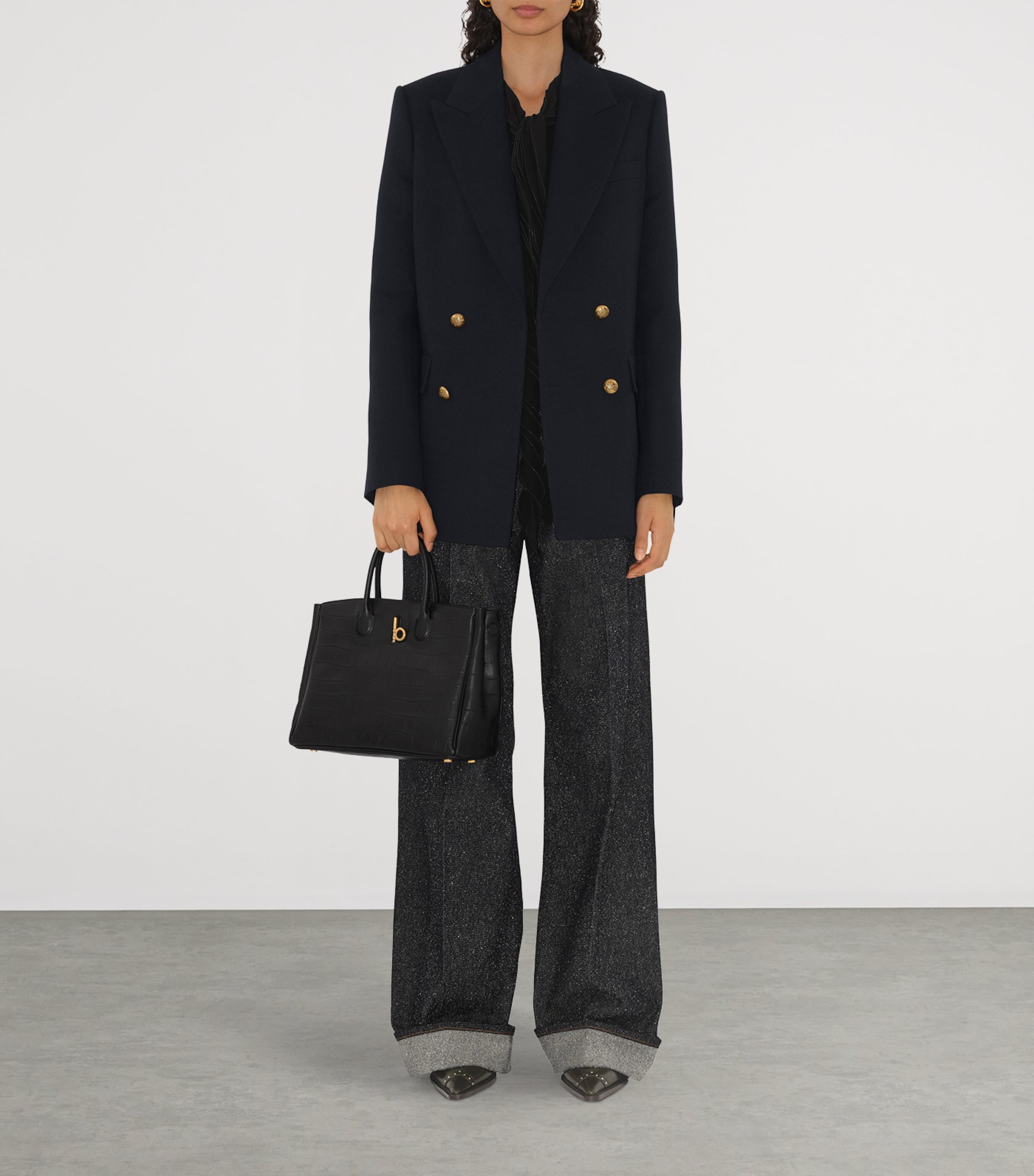 Burberry Small Croc-Embossed Lambskin Rocking Horse Tote Bag BLACK