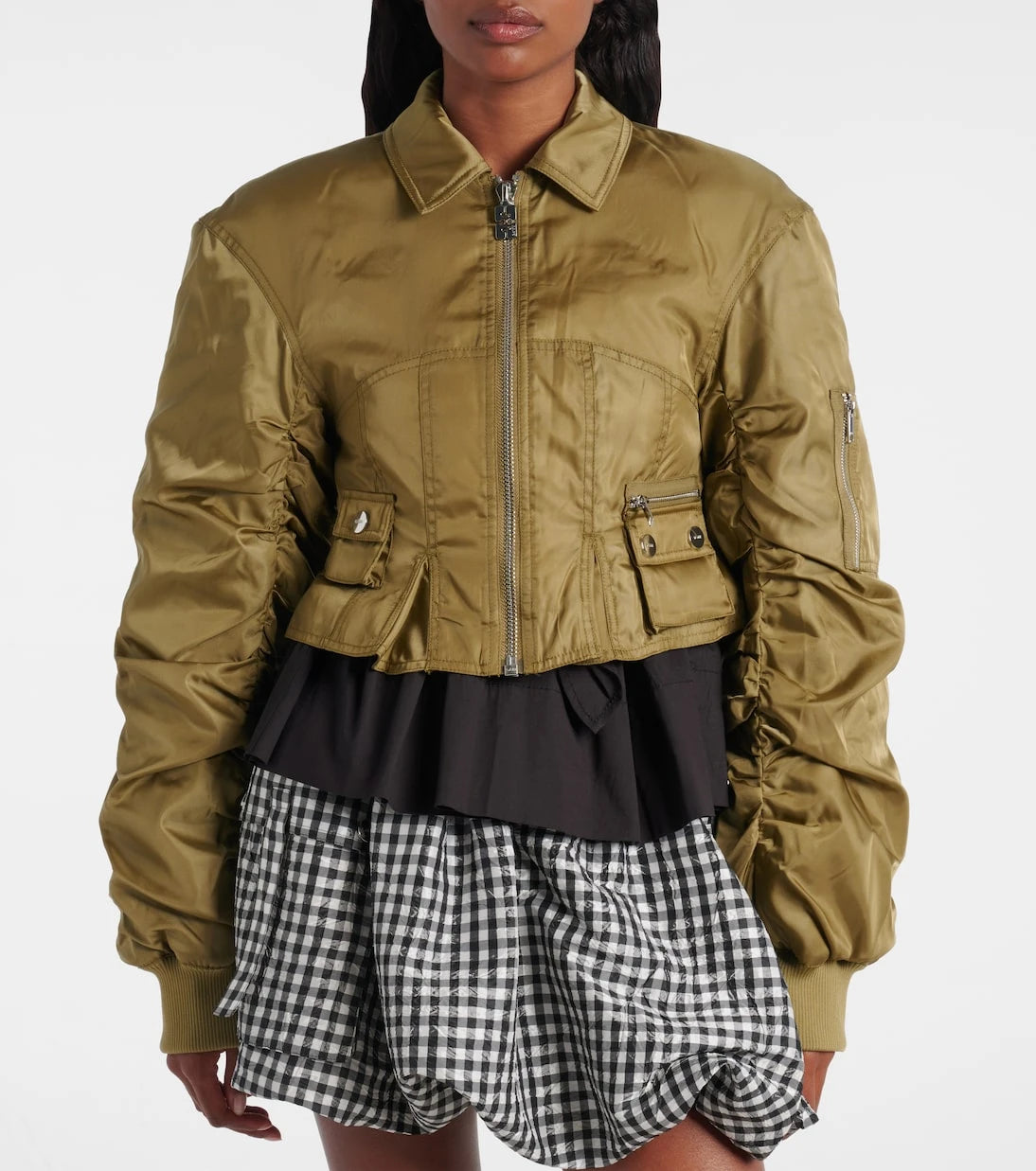 Ganni - Cropped ruched bomber jacket