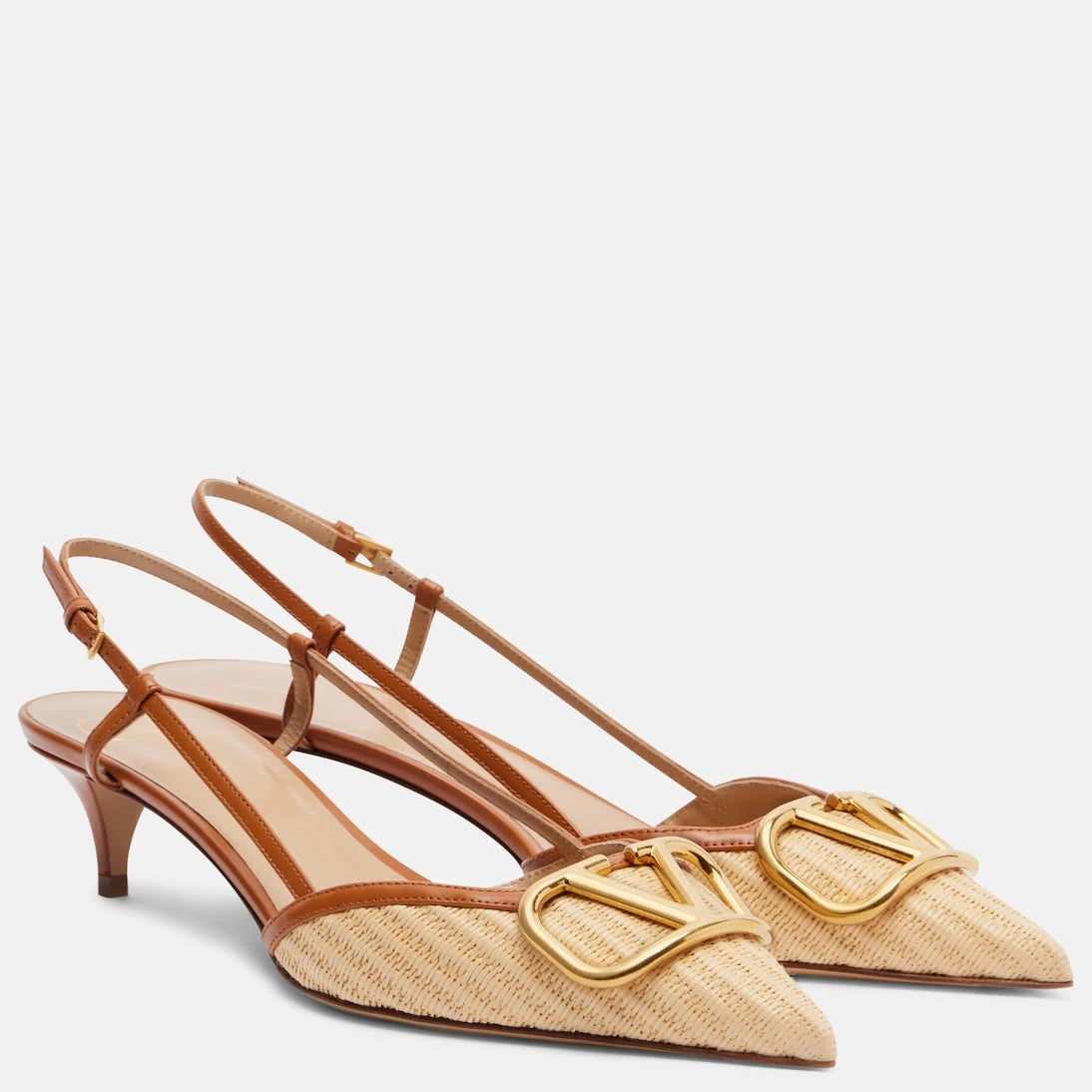Valentino Garavani - VLogo leather-trimmed raffia slingback pumps