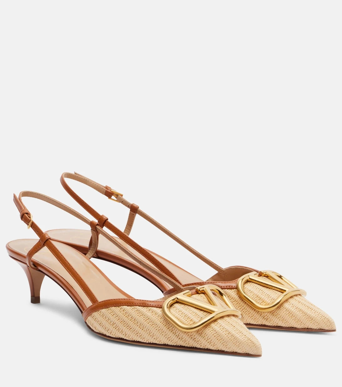 Valentino Garavani - VLogo leather-trimmed raffia slingback pumps