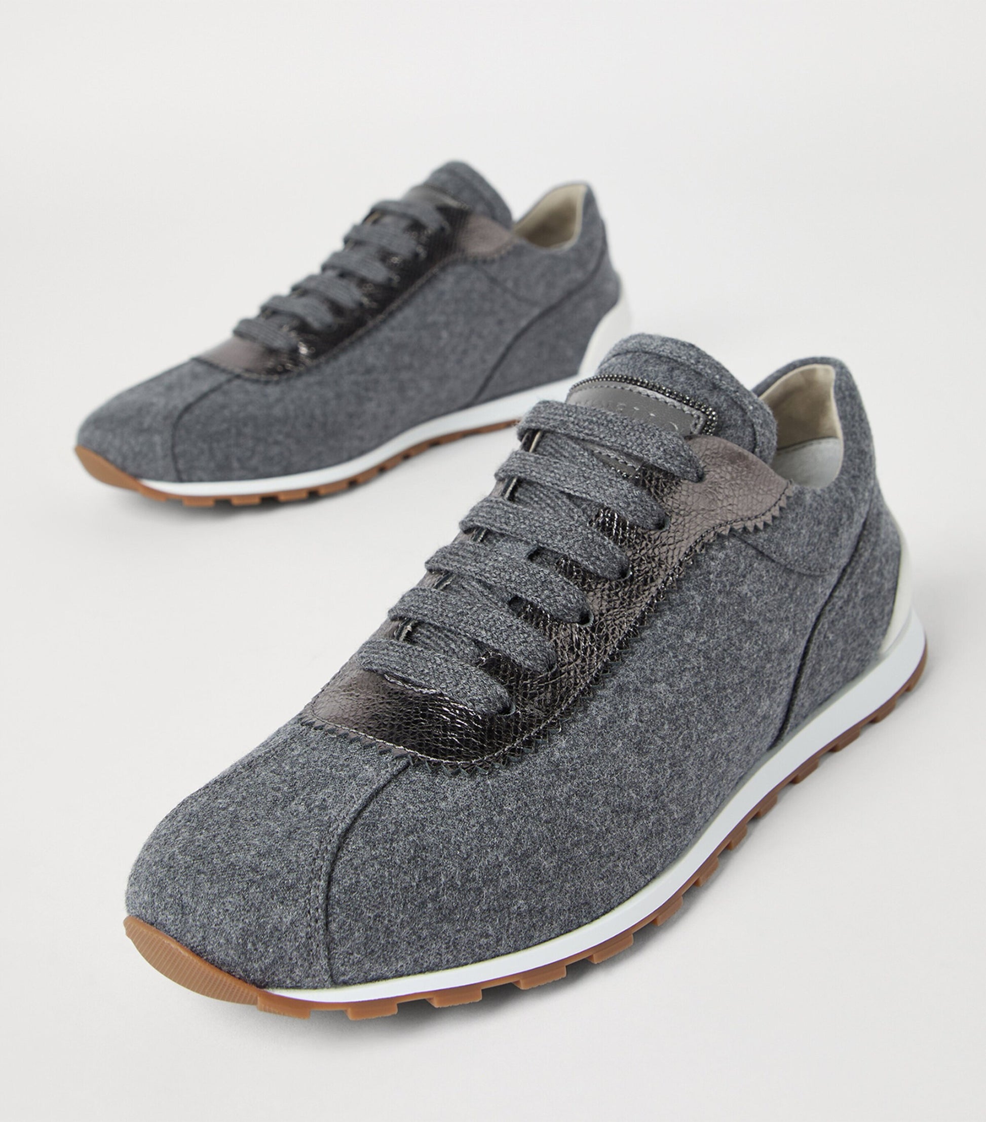 Grey Wool Leather-Trim Sneakers