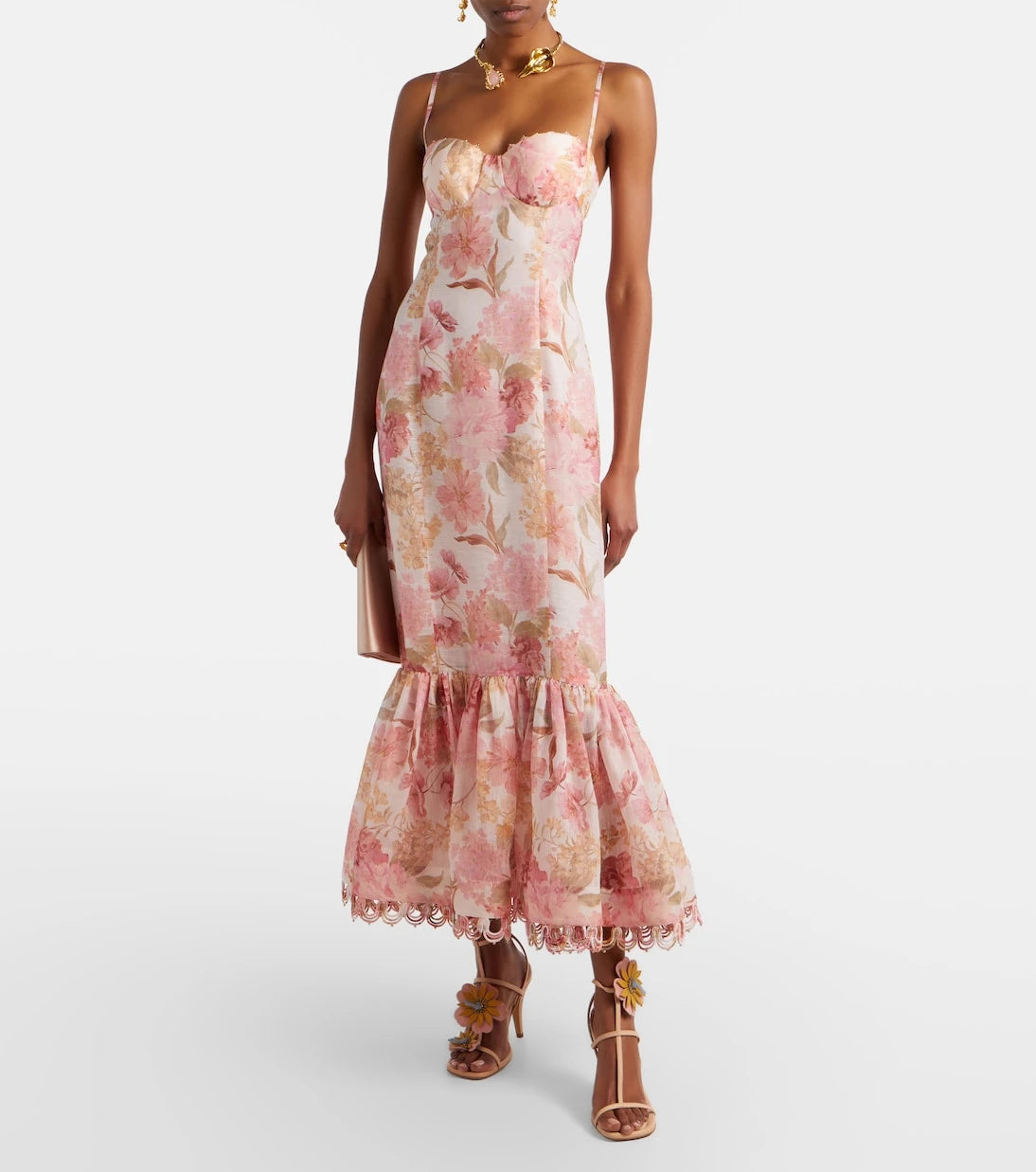 Zimmermann - فستان ميدي Como floral من الكتان والحرير