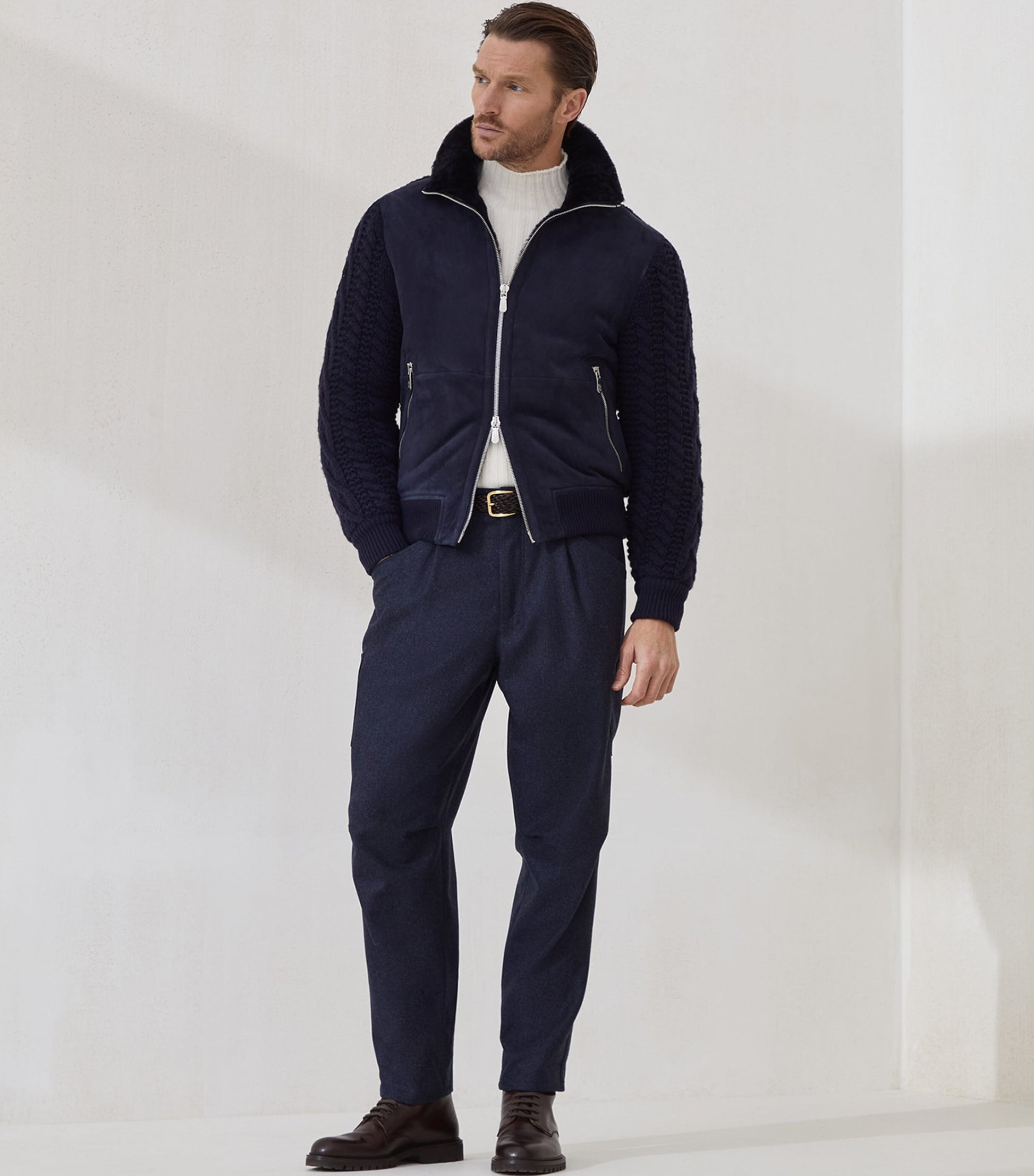 Brunello Cucinelli Blue Suede Knit Insert Bomber Jacket