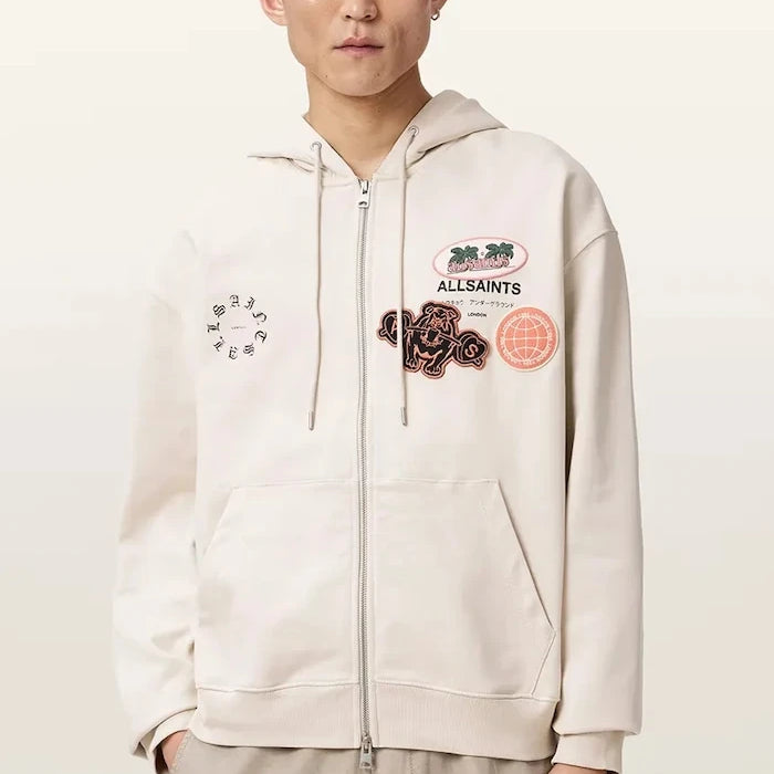 AllSaints капüşonlu, fermuarlı erkek pamuklu sweatshirt PATCHER