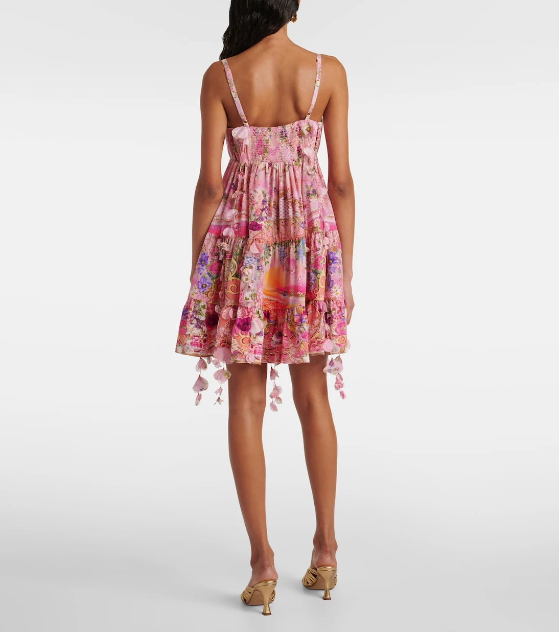 Camilla - Floral-appliqué gathered silk crêpe minidress