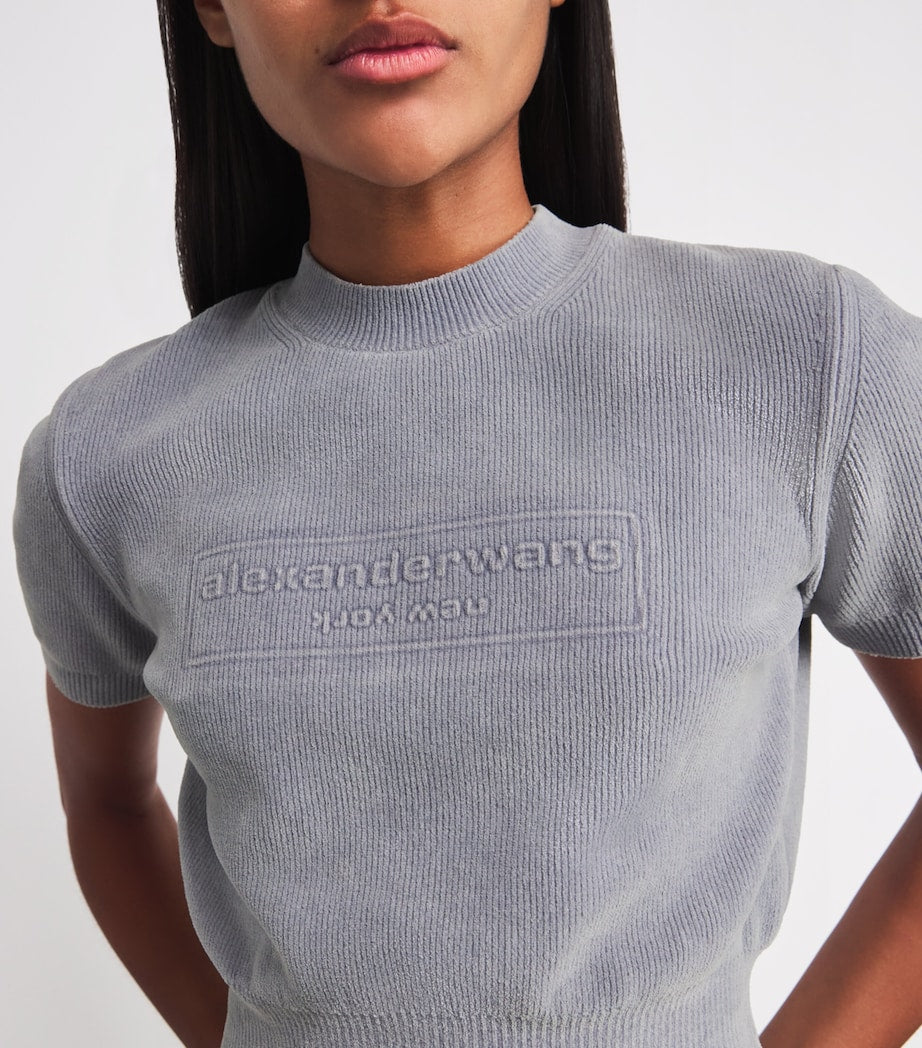 Grey Cotton-Blend Chenille Logo T-Shirt