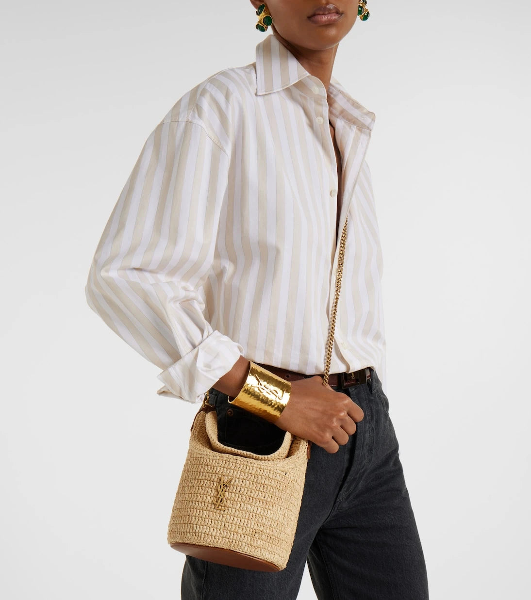 Saint Laurent - Gaby leather-trimmed raffia bucket bag
