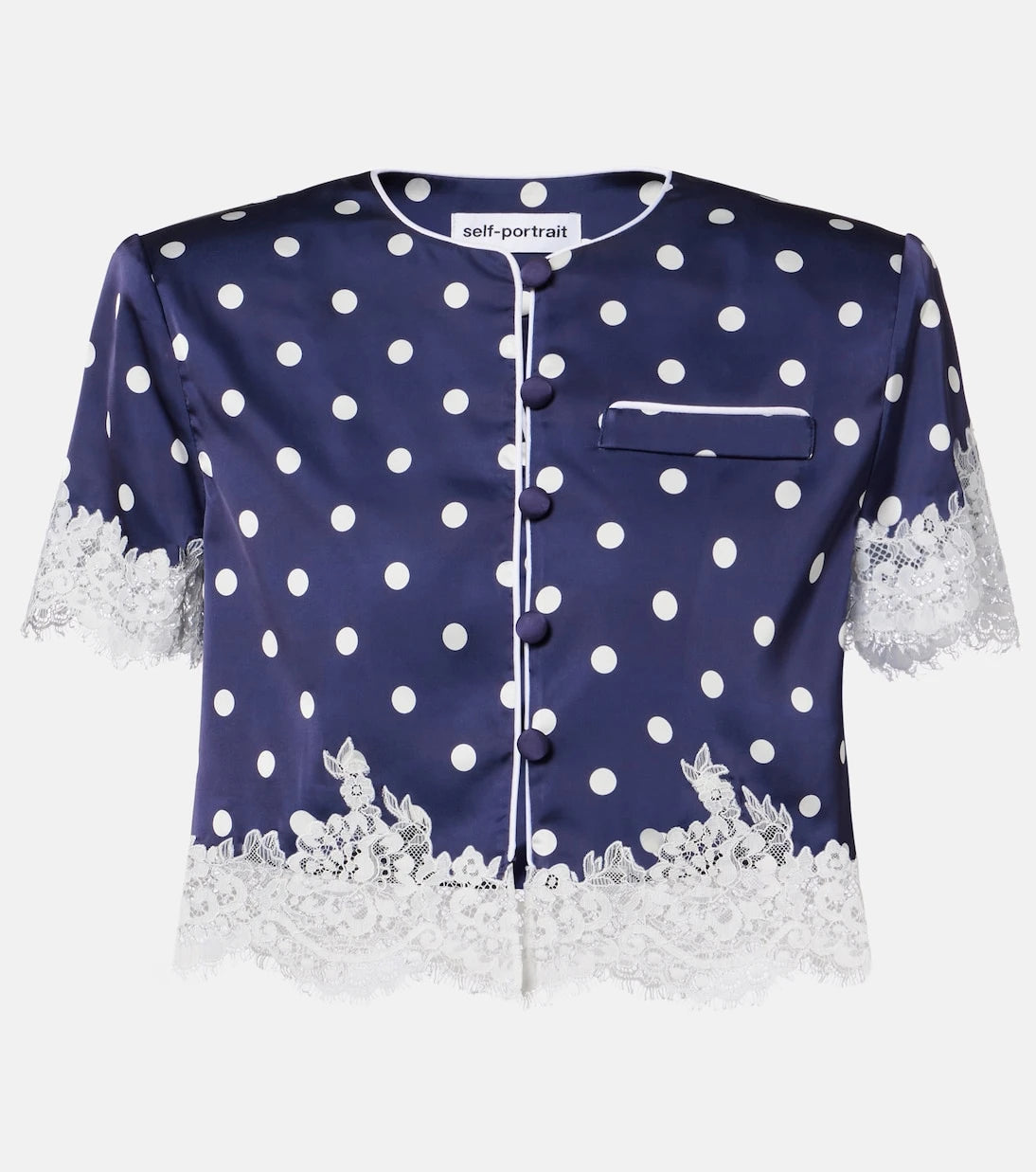 Self-Portrait - Lace-trimmed polka-dot satin crop top
