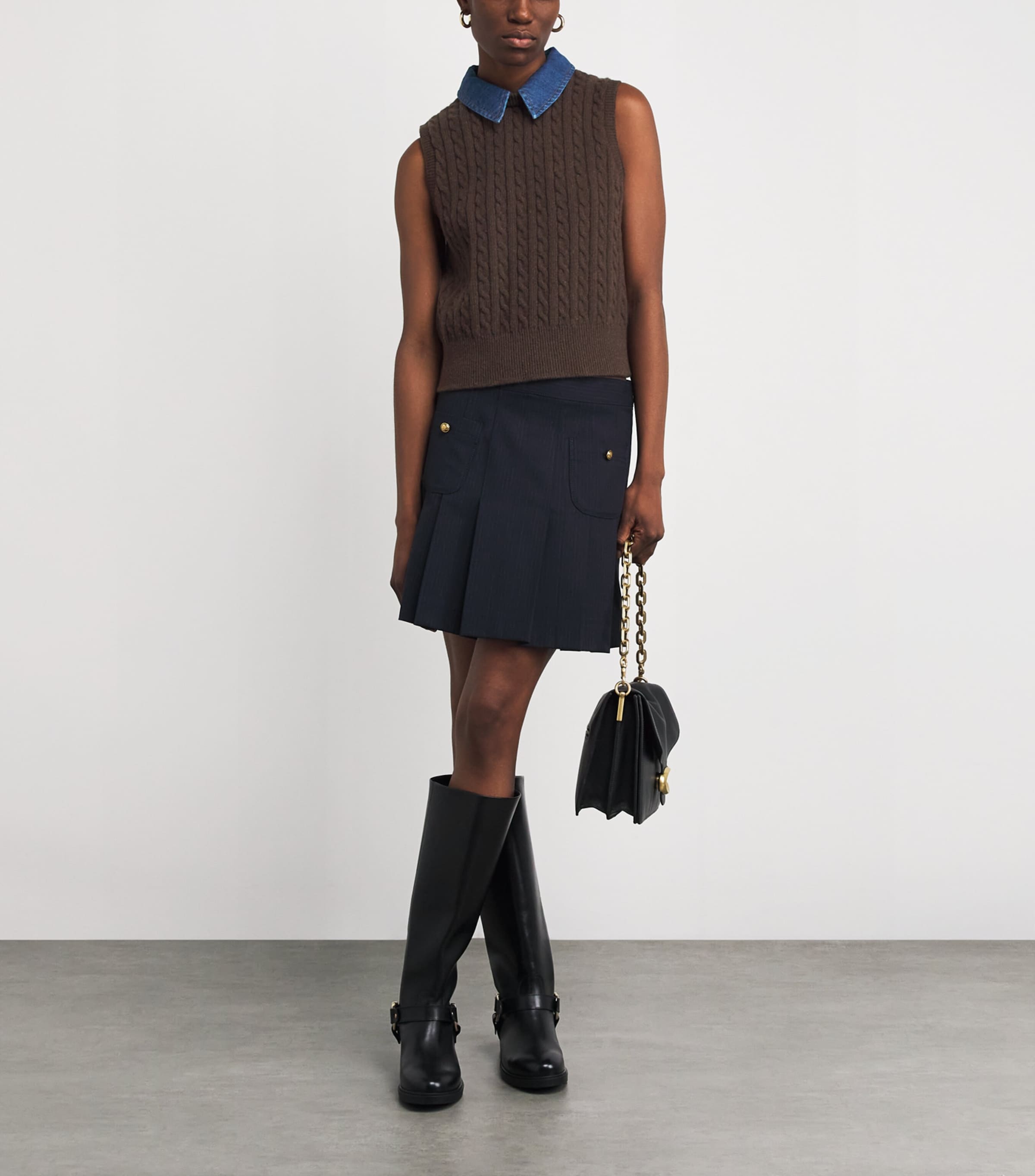 Wool-Blend Denim-Collar Sweater Vest BROWN