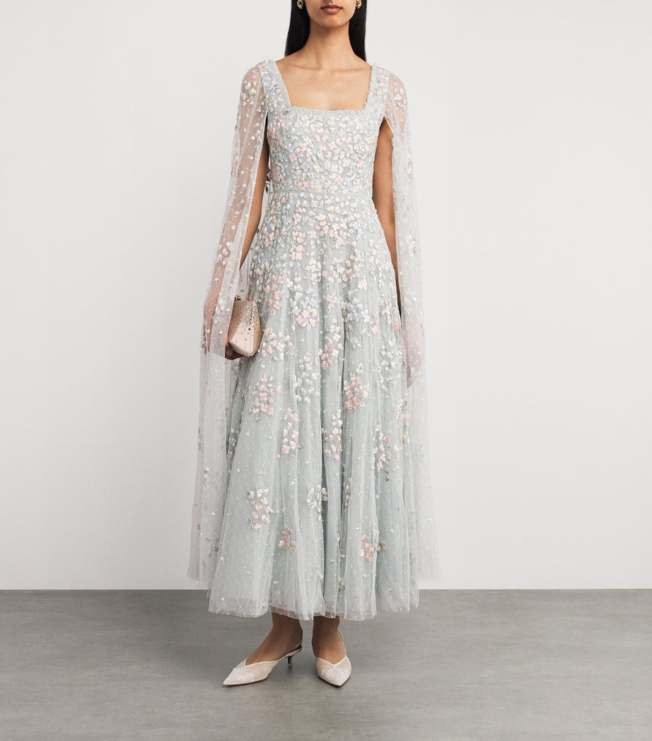 Needle & Thread Blue Cape-Sleeve Versailles Ditsy Maxi Dress