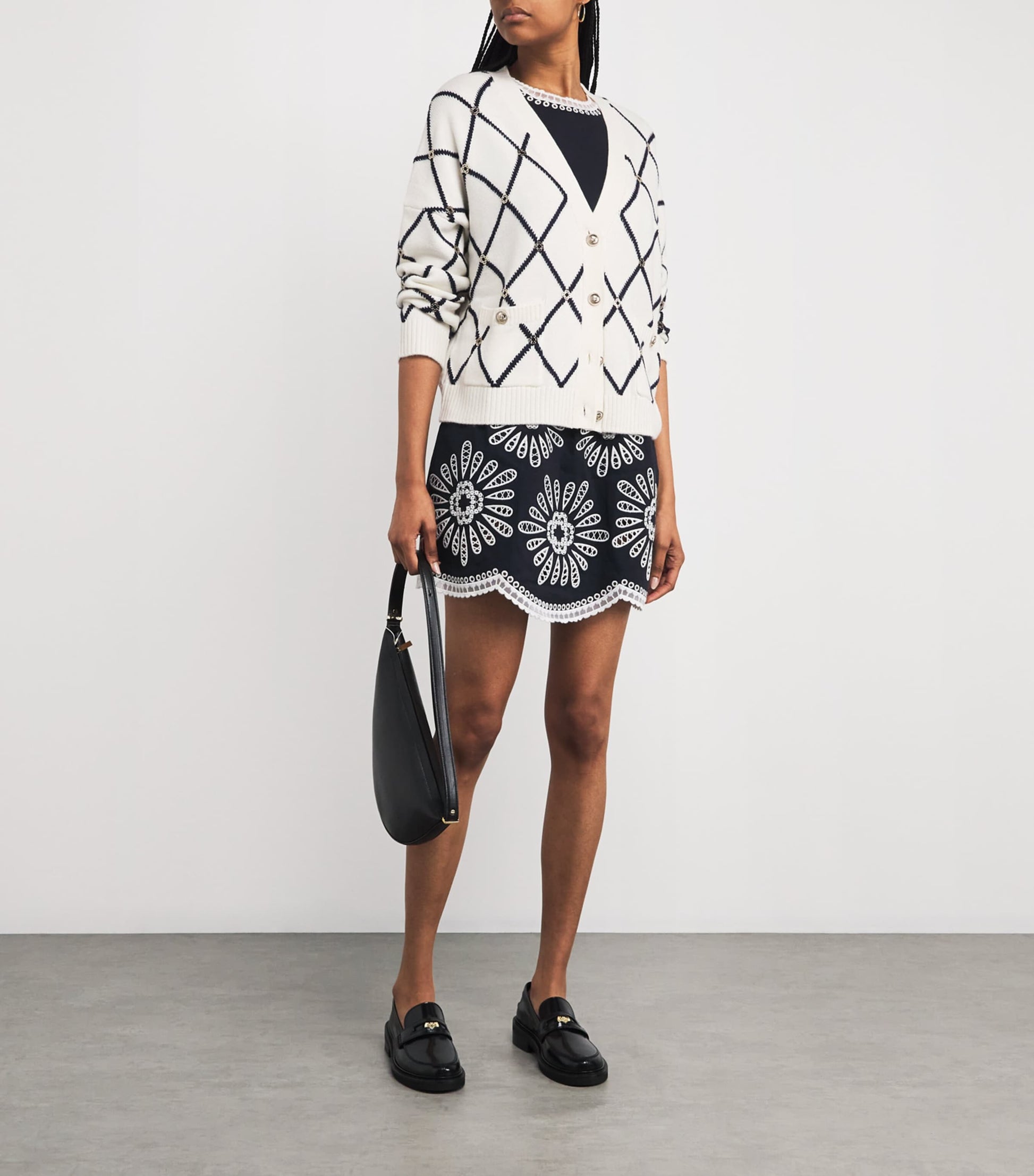 White Wool-Blend Jacquard Cardigan