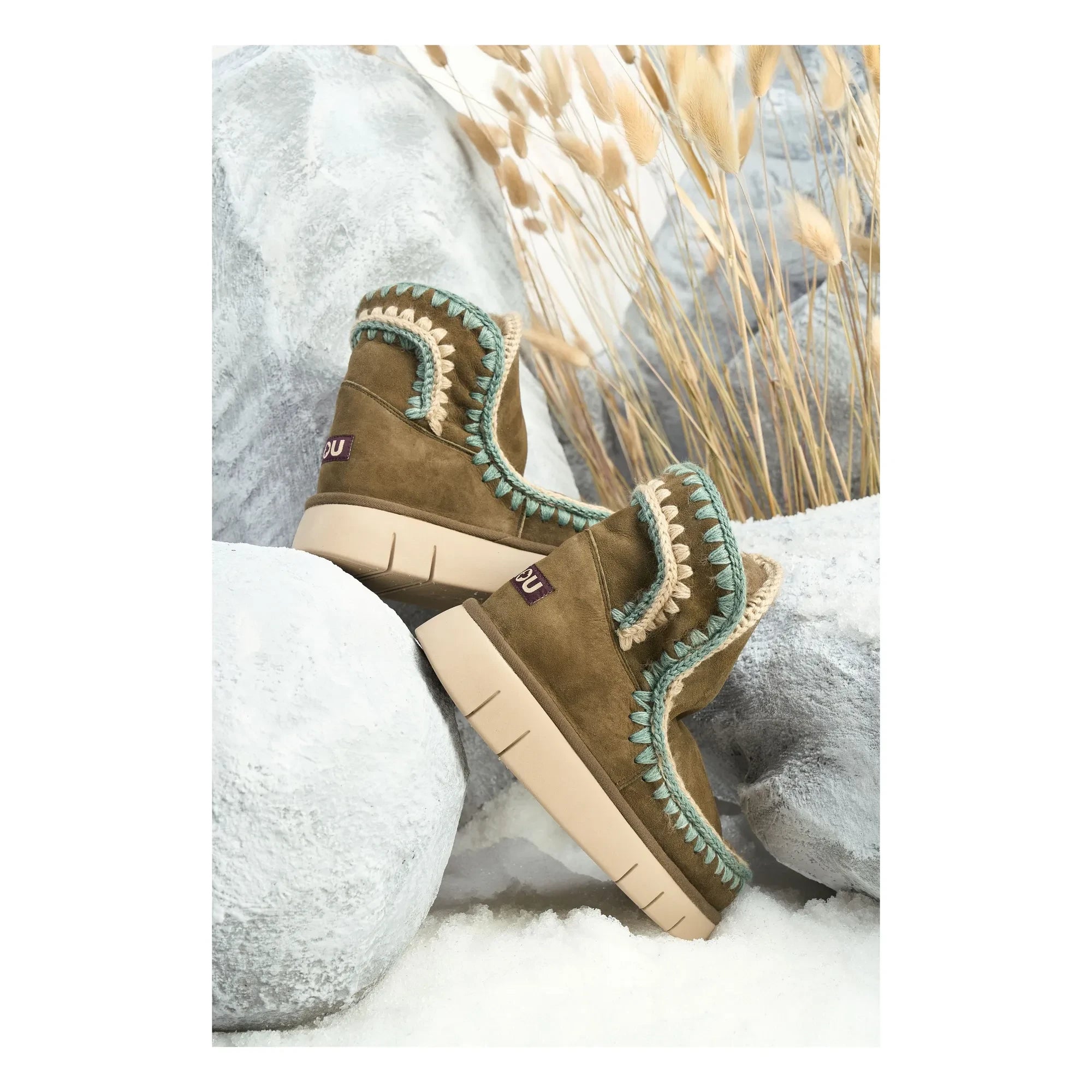 Mou - Bounce Suede Overstitched Boots | Khaki