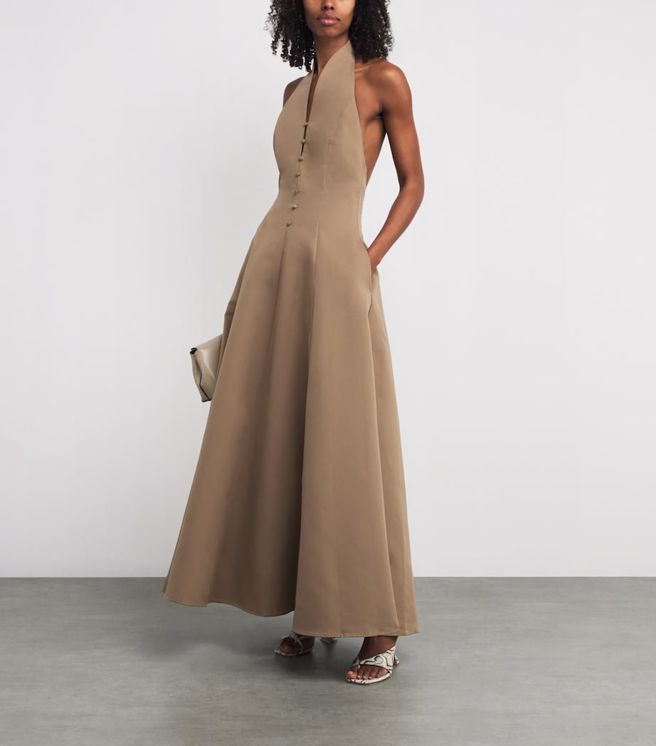 STAUD Beige Cotton-Blend Halterneck Stella Maxi Dress
