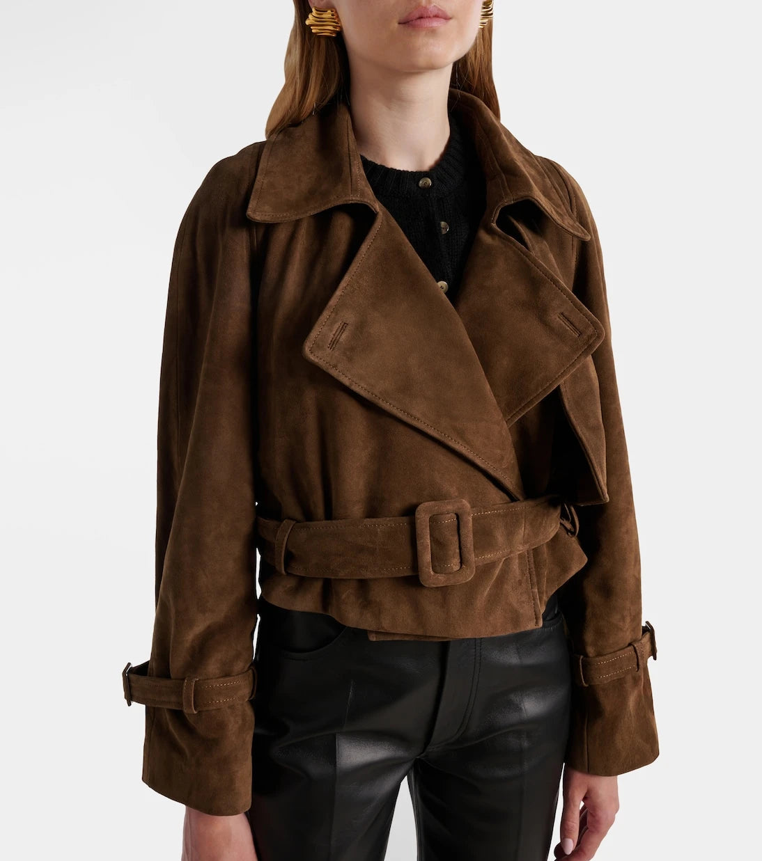 Nour Hammour - Hatti belted cropped suede trench coat