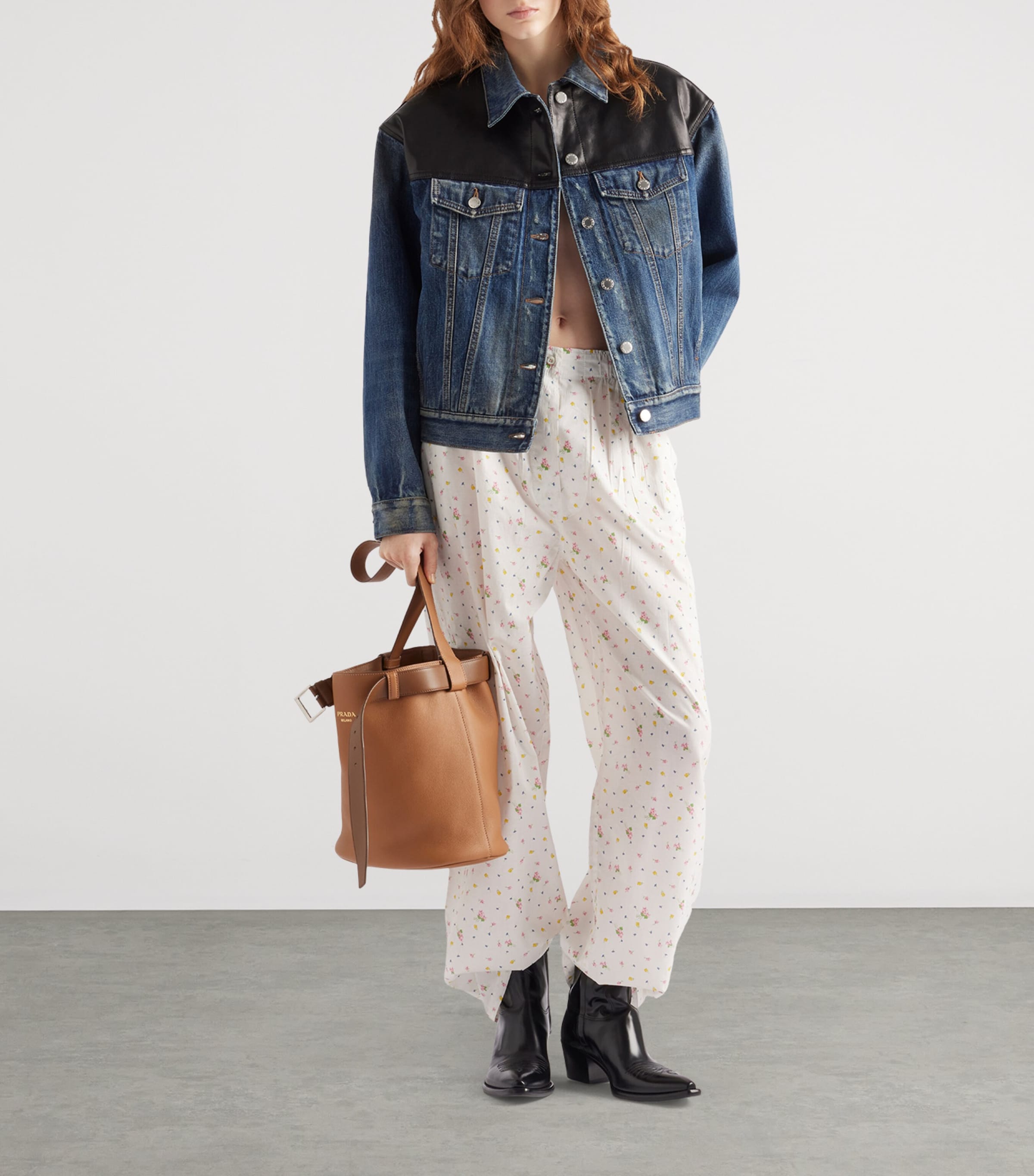 Prada Blue Leather-Trim Denim Jacket